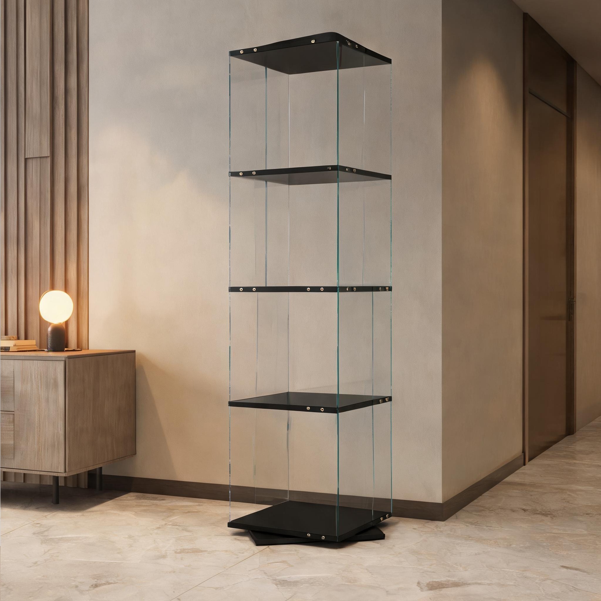 SUNCREAT Modern tall display cabinet with four tempered glass shelves and remote-controlled LED lighting deep black
