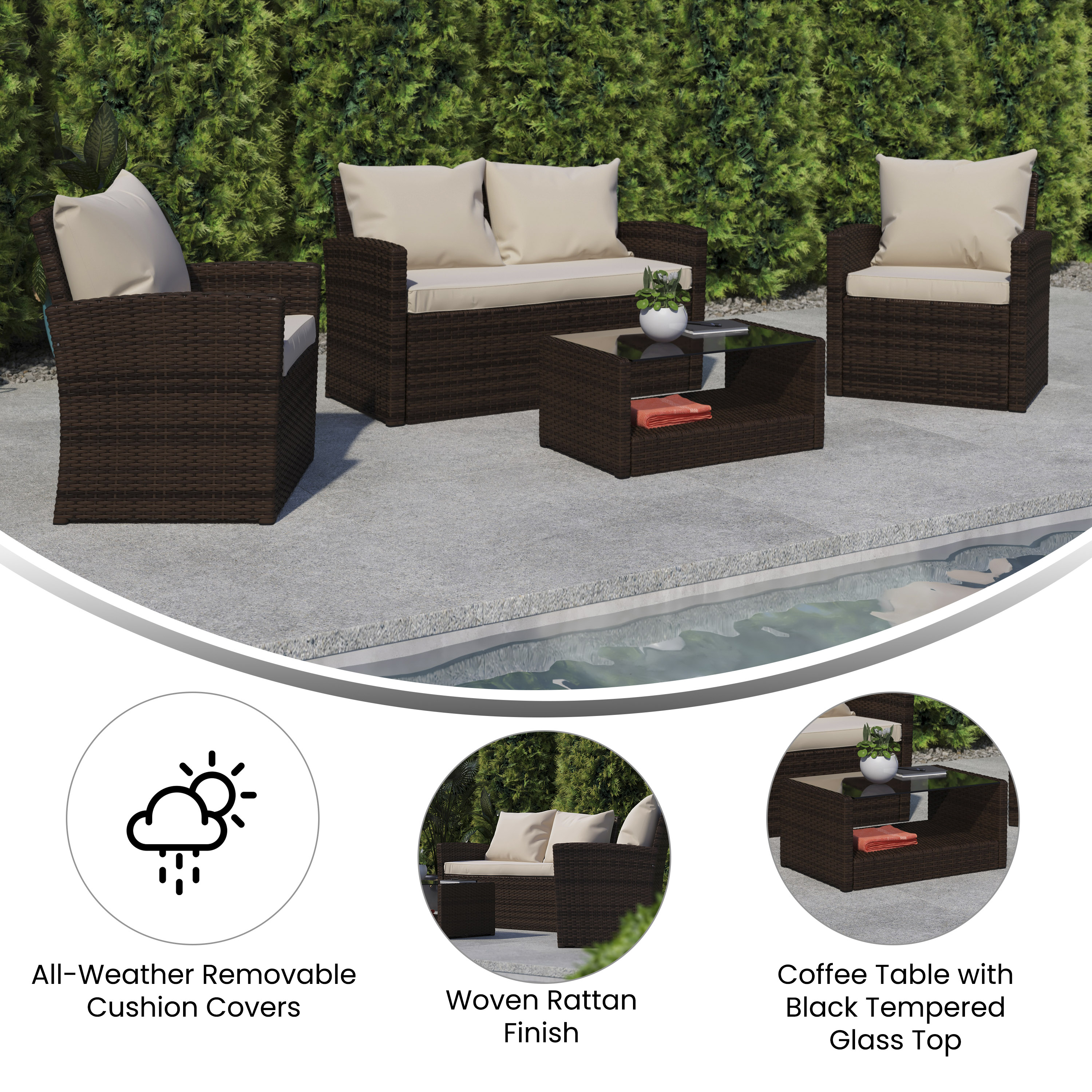 Brown and Beige 4-Piece Rattan Patio Set with Cushions