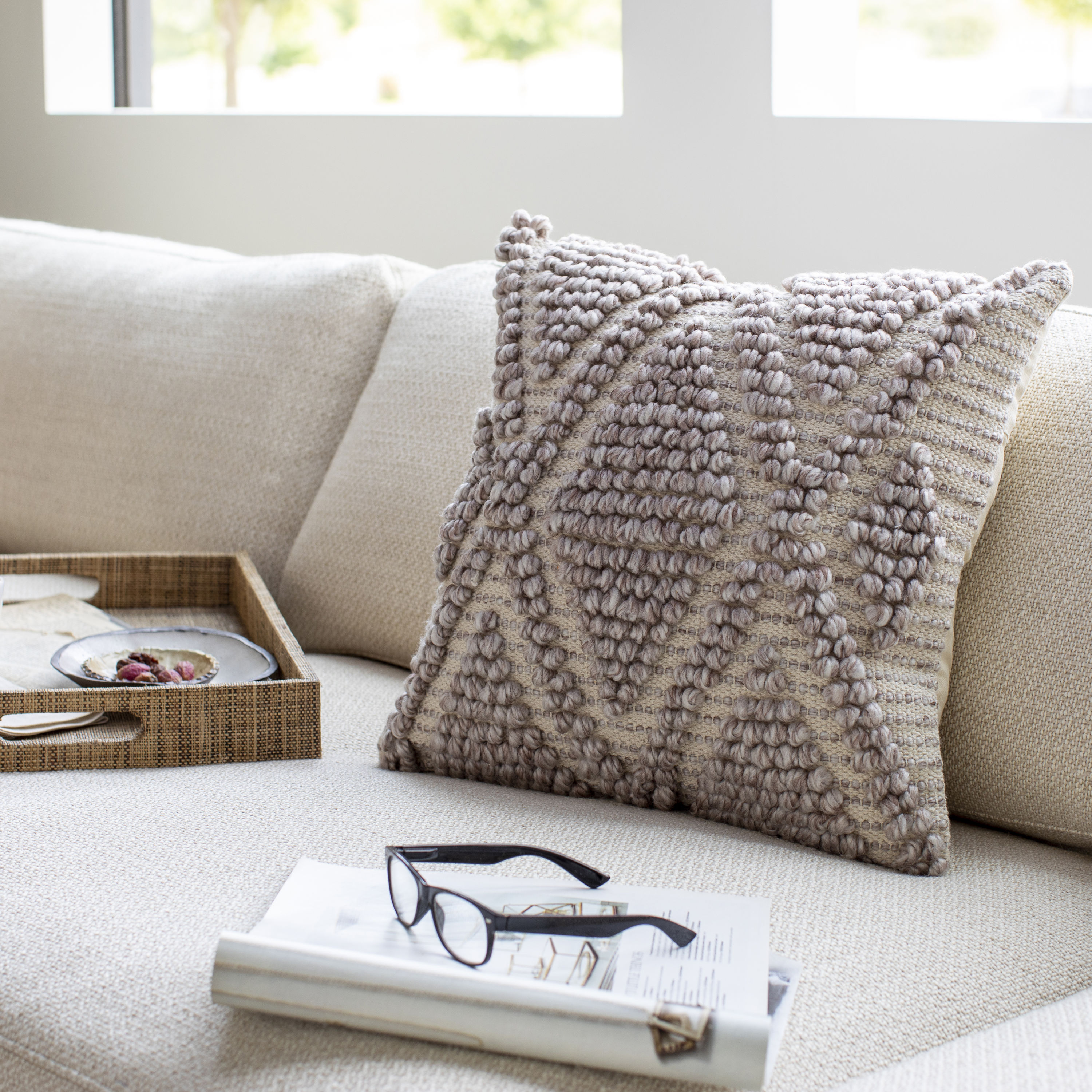 Anders 20" x 20" Cream and Khaki Embroidered Square Pillow