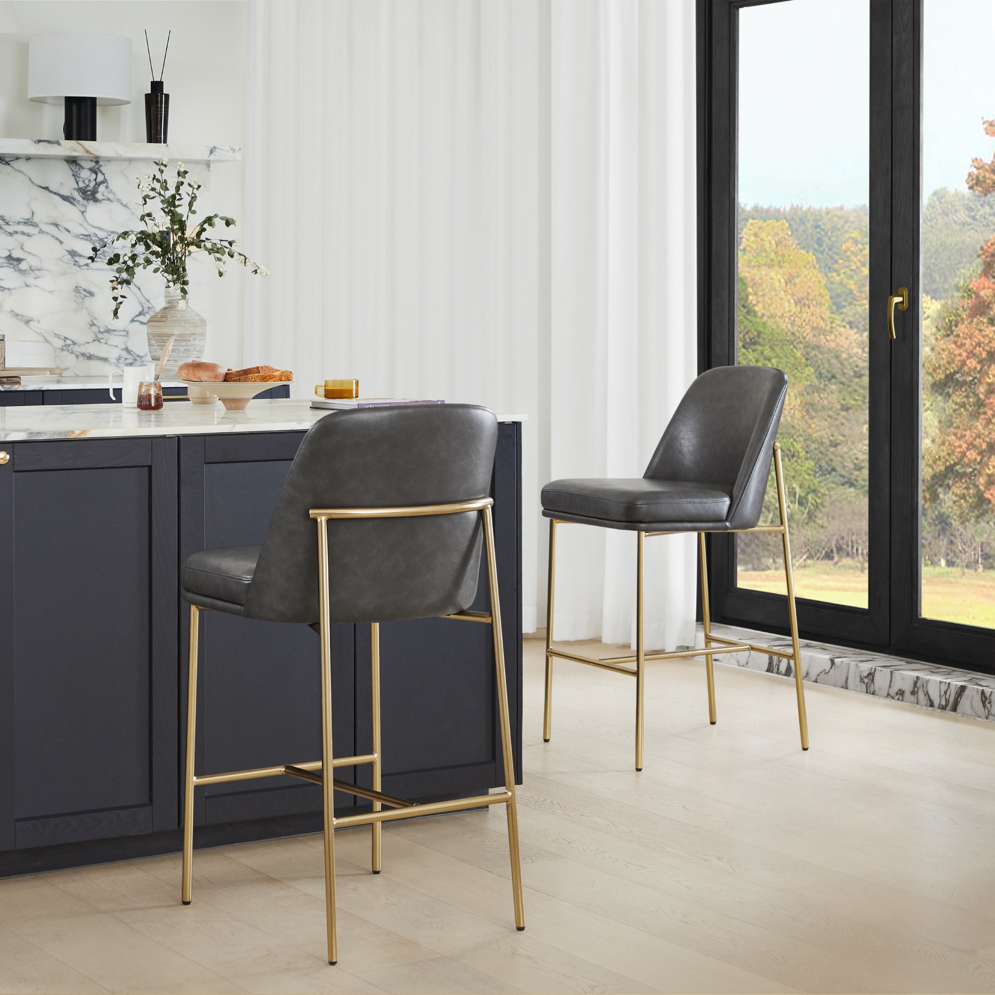 Circle 55 LWSY2018-PU6016 2 -Set Gray 27-in H Counter height Square seat Upholstered Metal Bar Stool and Back