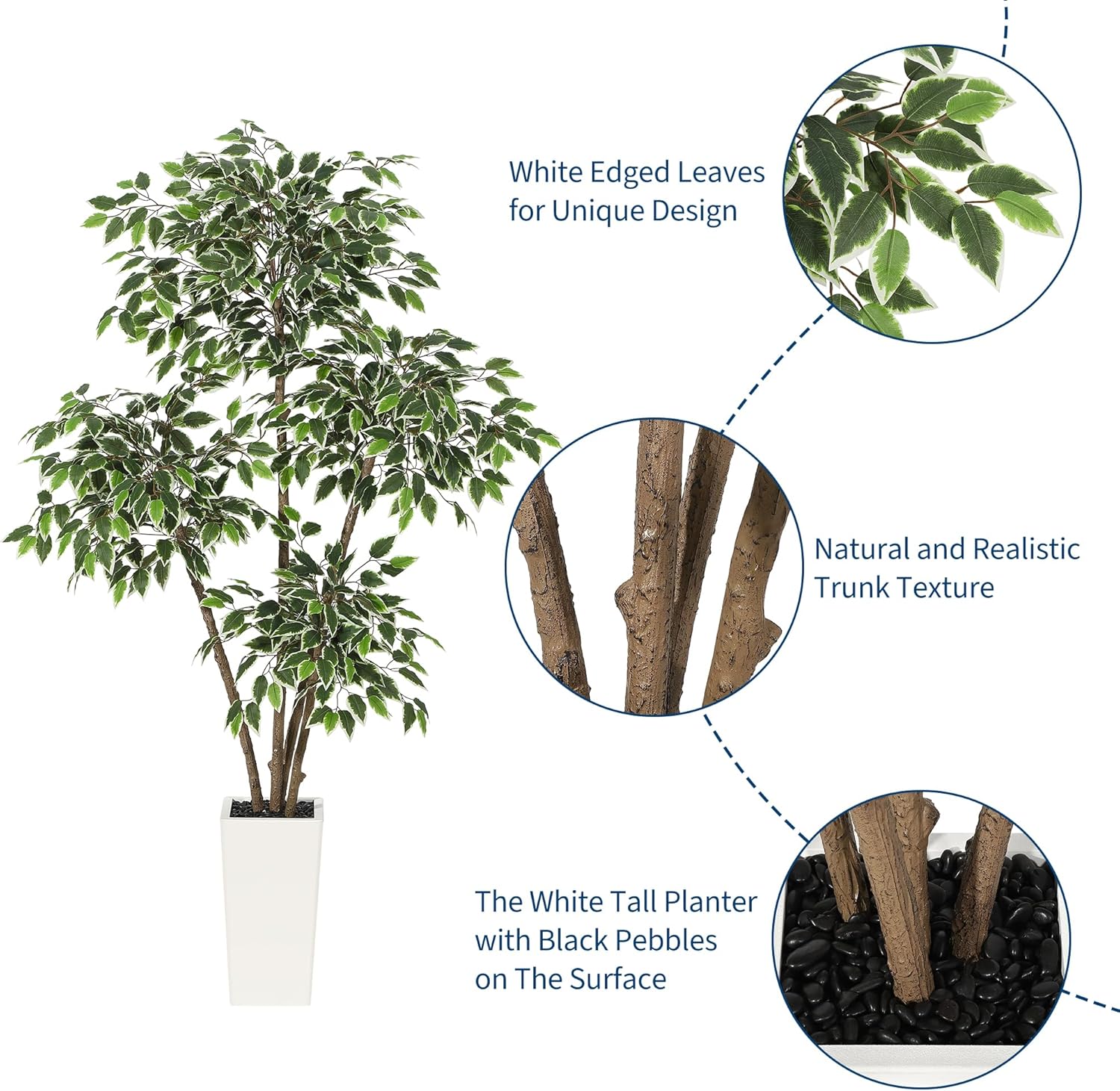 Der Rose LXL-PHK-359GQGQB 6 ft Artificial Ficus TreeTall Faux Floor Plant with White Tall Planter Fake Plants for Home Decor Indoor with 4 Natural Trunks  WhiteEdged LeavesFaux Greenery Tree for Garden Decor