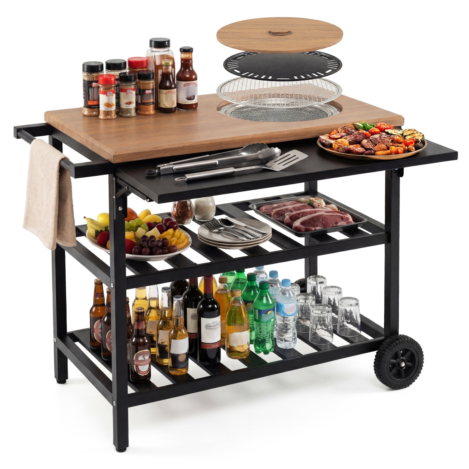 Volenca - Outdoor Dining Cart with Korean BBQ Grill Folding Side Panel and 34-in Wood-Grain Top