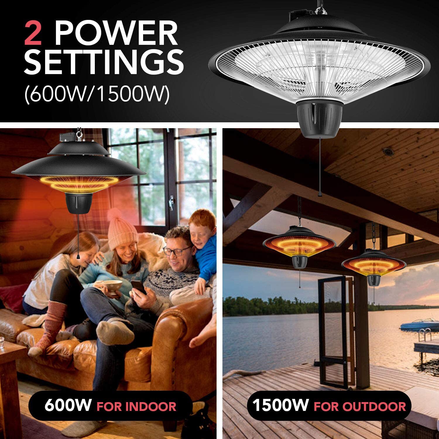 Outsunny 600W Electric Heater Ceiling Hanging Halogen Light w/ Hook Chain  Black