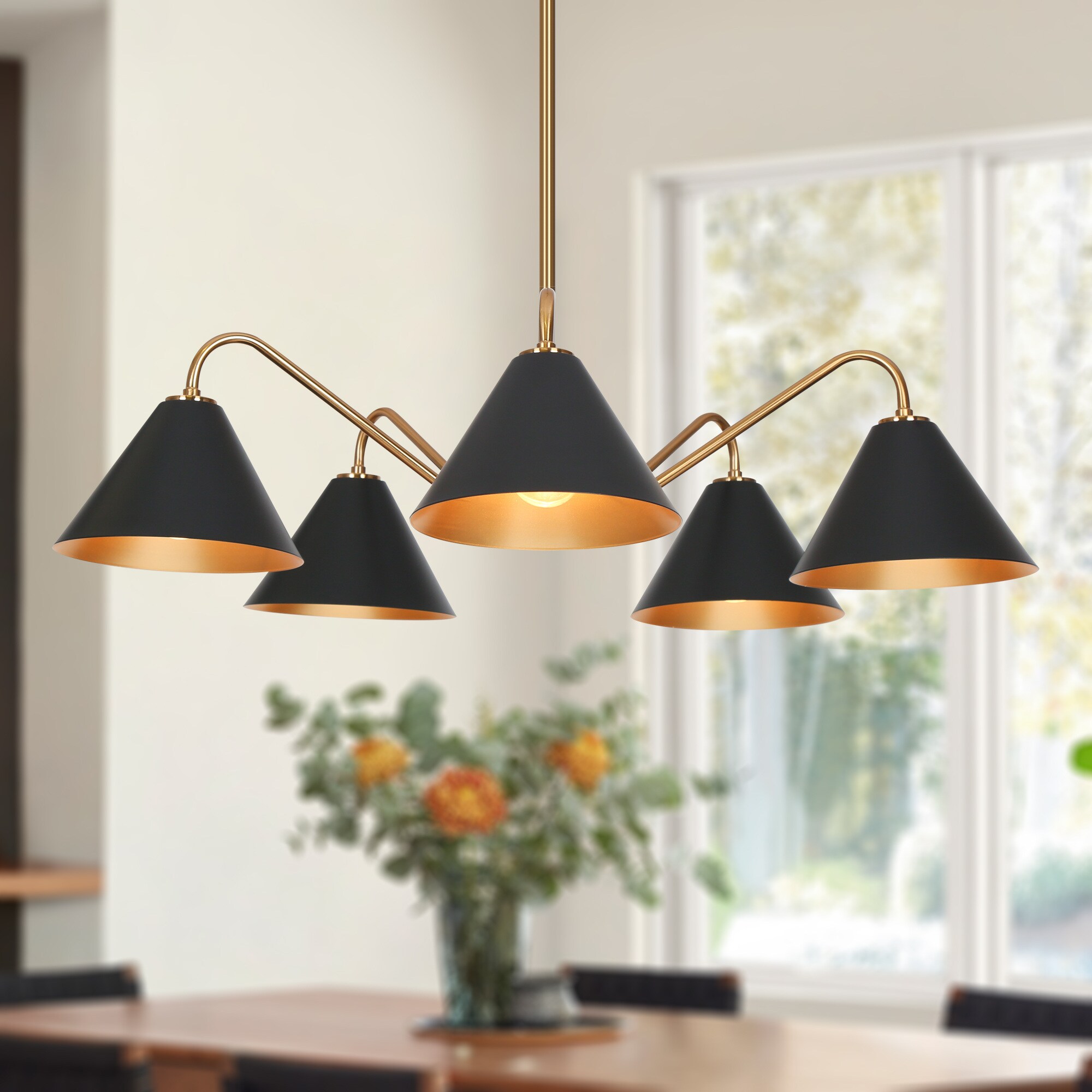 ZEVNI L3BIRVFEW84H5S78 Cohan 5 -Light Matte Black and Gold Transitional Dome Large Hanging Pendant light