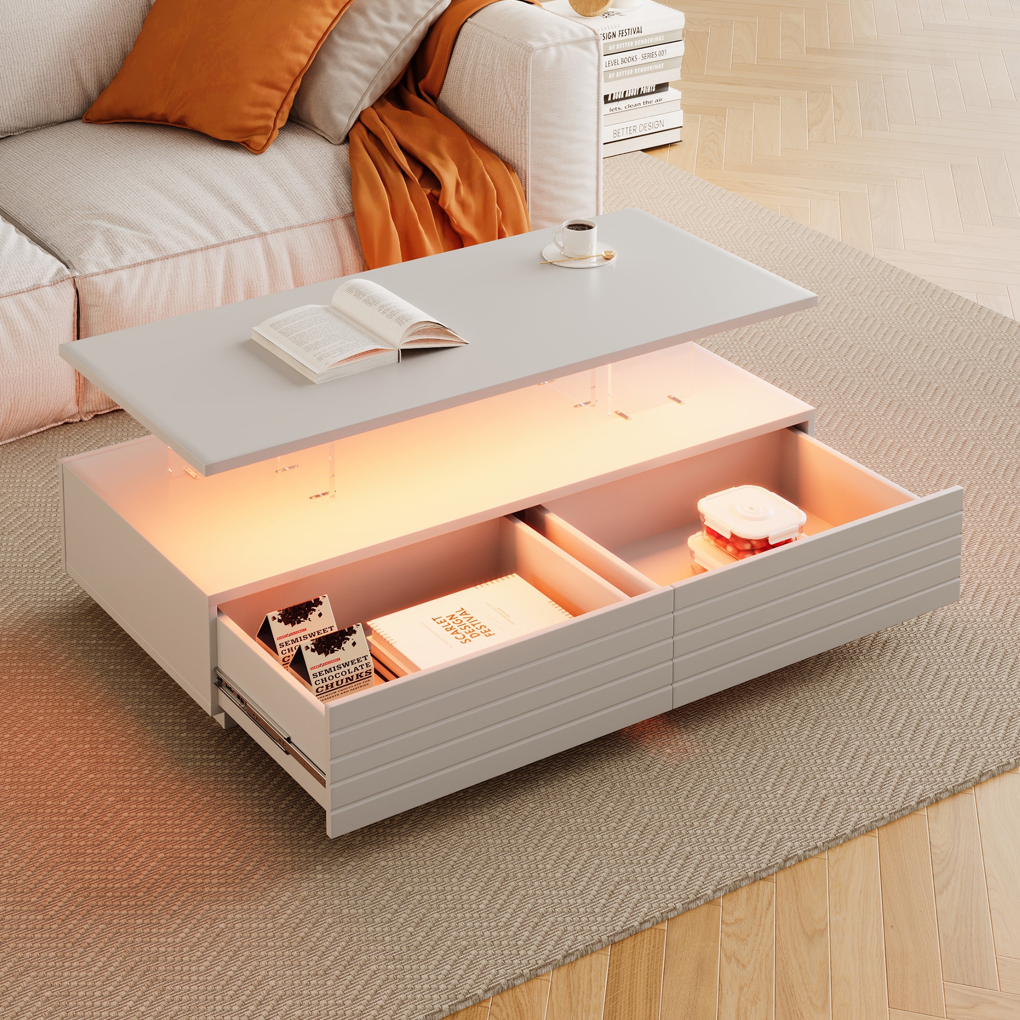 ModernLuxe L3P-N735P250962K Modern White Rectangular LED Lights Coffee Table with 2 drawers in 47.2inch