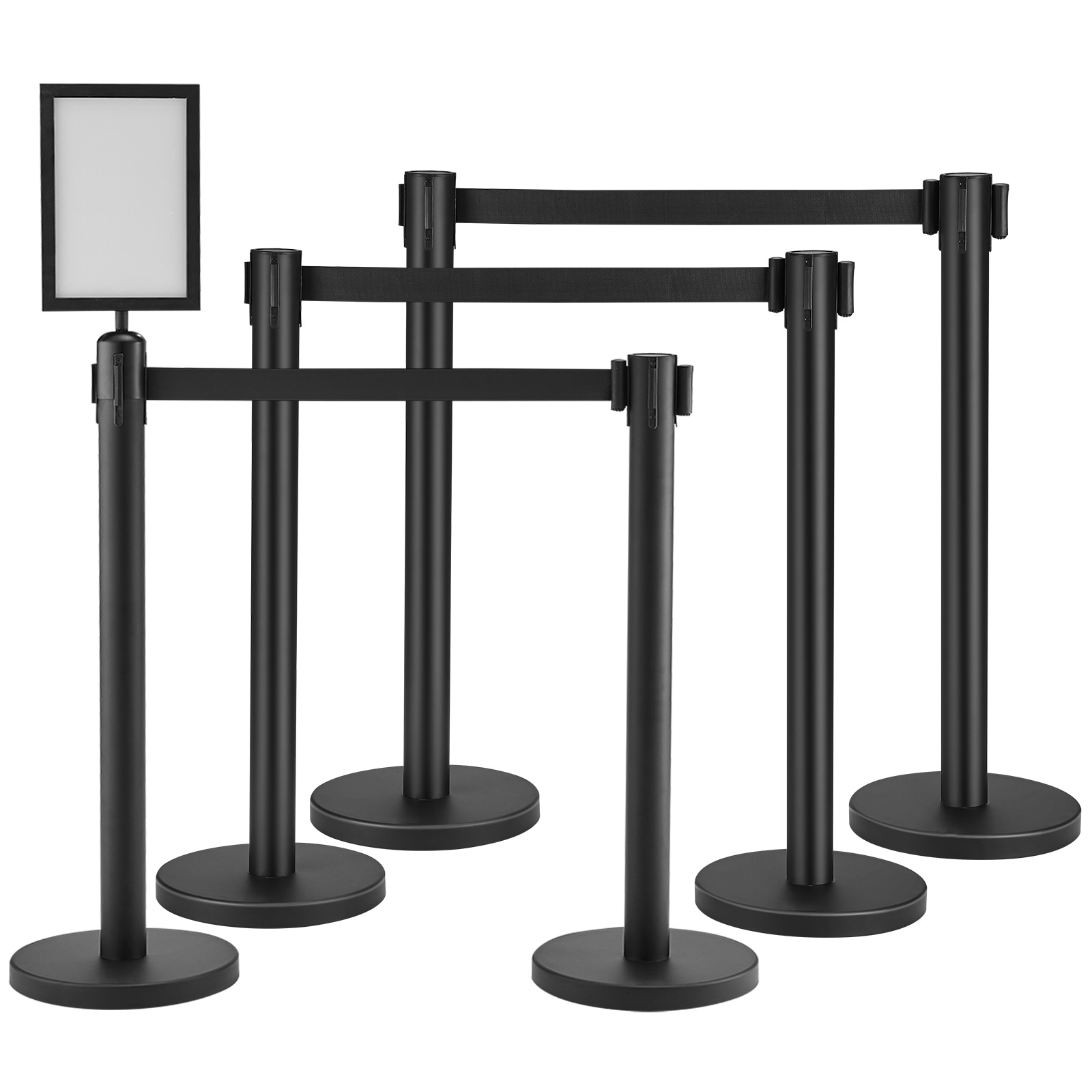 VEVOR SCZGGLZHSTZX02342V0 Crowd Control Stanchions  6-Pack Crowd Control Barriers  Carbon Steel Baking Painted Stanchion Queue Post with Sign Holder and 3PCS 6.5FT Retractable Belt  Belt Barrier Line Divider  Easy Assembly