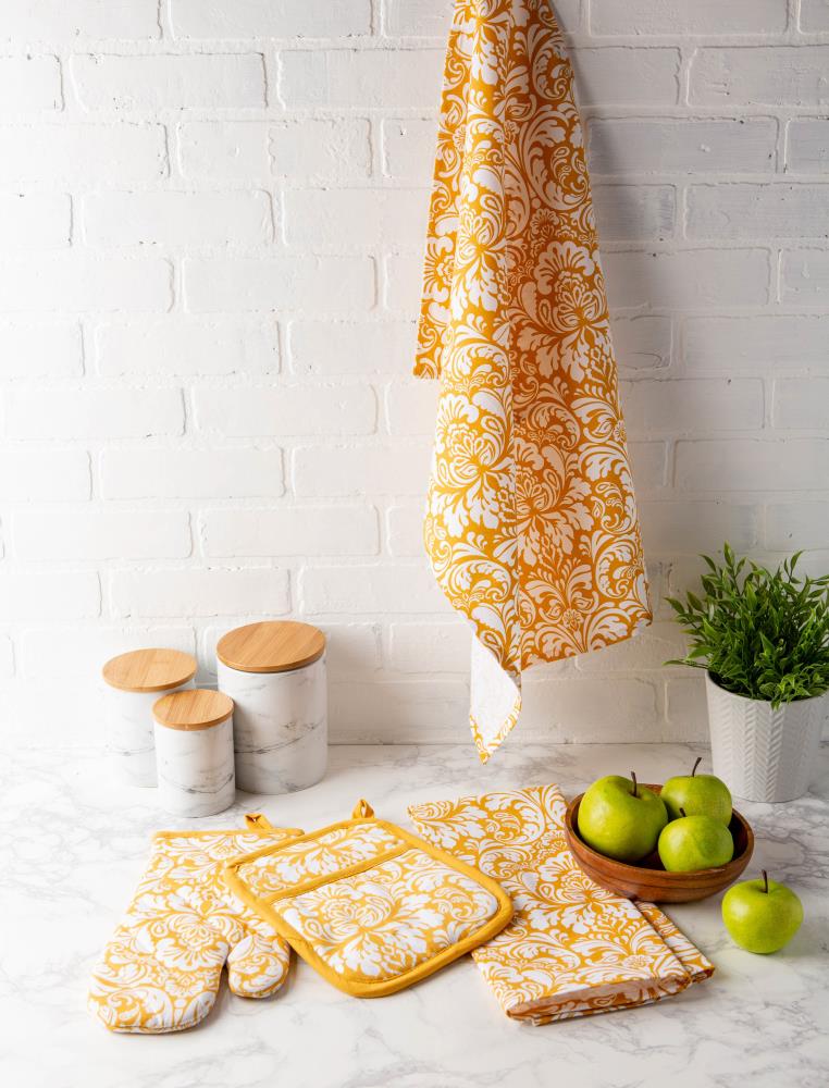 Mustard Yellow Cotton Damask Print Dishtowel Set of 2