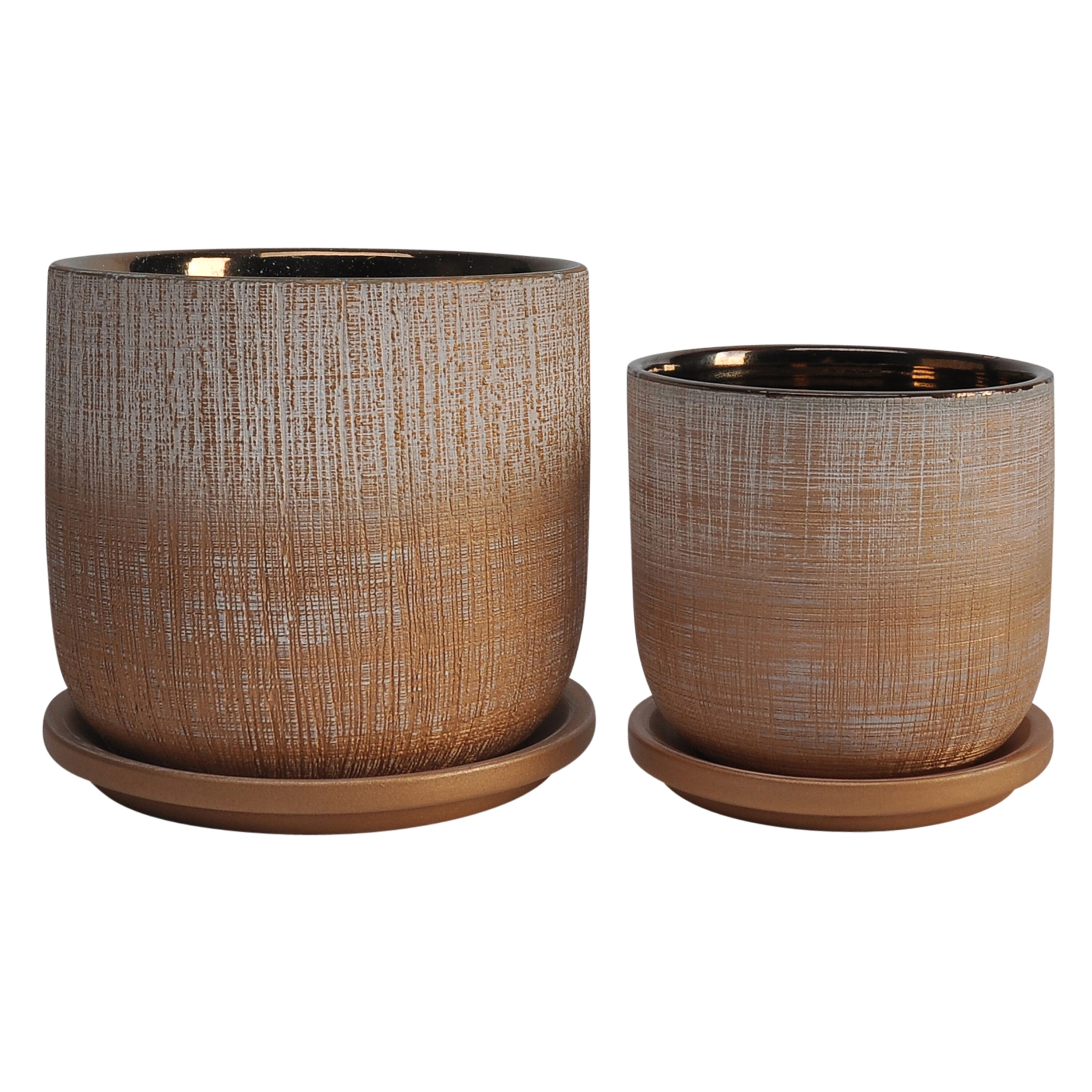 Sagebrook Home 15793-03 Round 6.0-Inches W Small Gold Ceramic Indoor/Outdoor Planter with Drainage Holes Attached Saucer