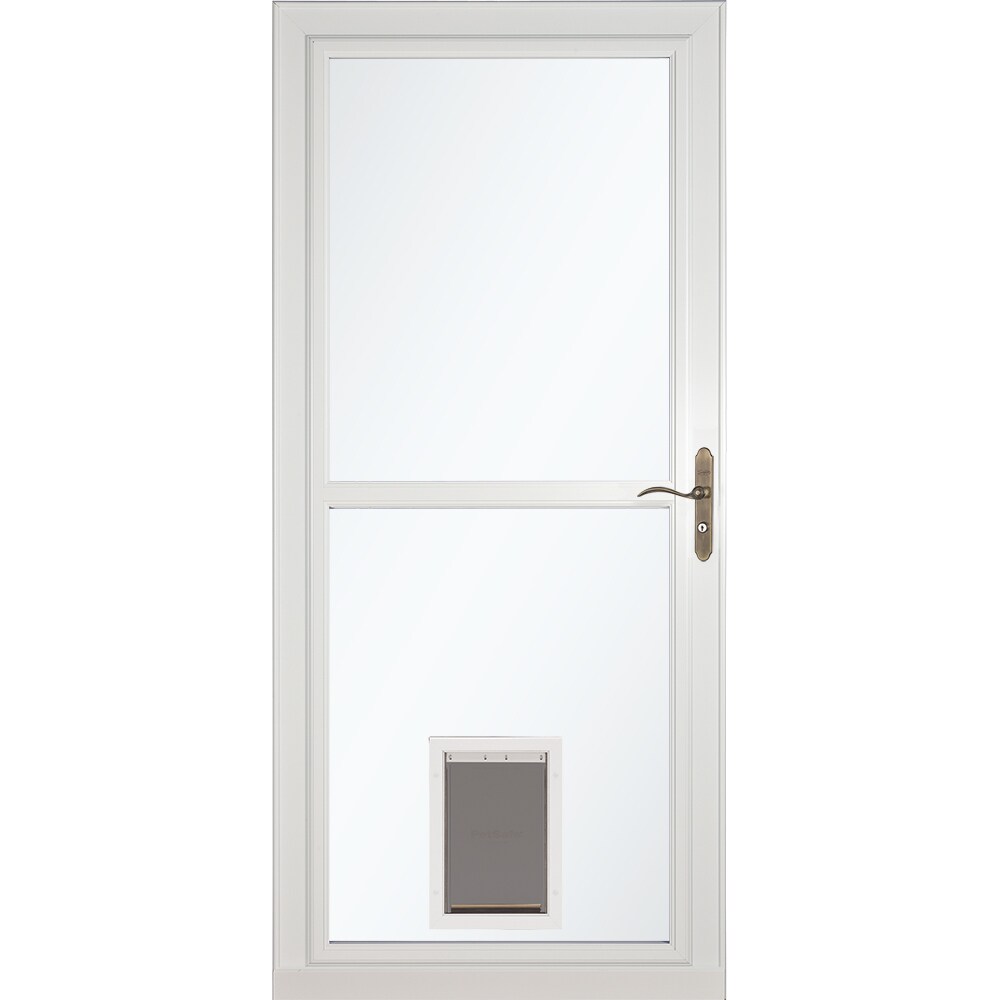 LARSON 80 Pet Split Fullview 36-in x 81-in White Aluminum Reversible Hinge Storm Door Full-view with Retractable Screen ( Antique brass Handle Included )