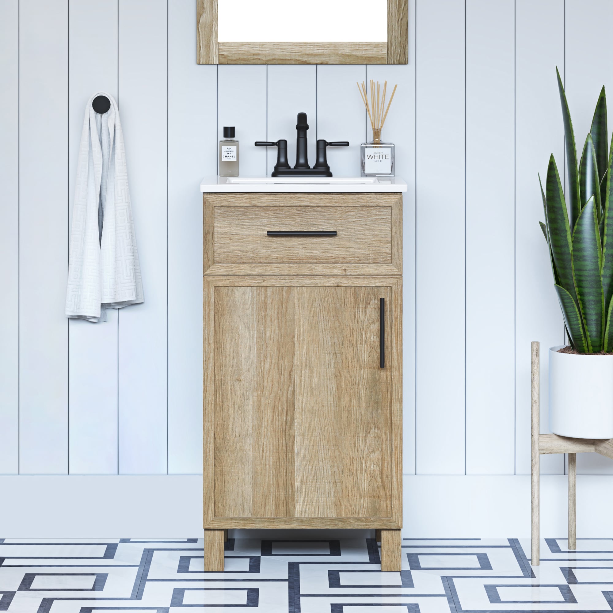 Style Selections DOLTON 18NO Dolton 18-in Light Natural Oak Single sink Bathroom Vanity with White Engineered marble Top