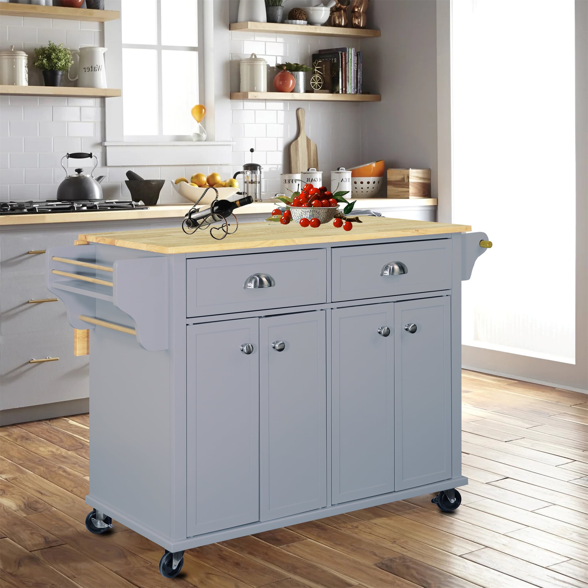 BABOOM Gray Mdf Base with Wood Top Rolling Kitchen Island (32.13-in x 51.88-in x 36-in)