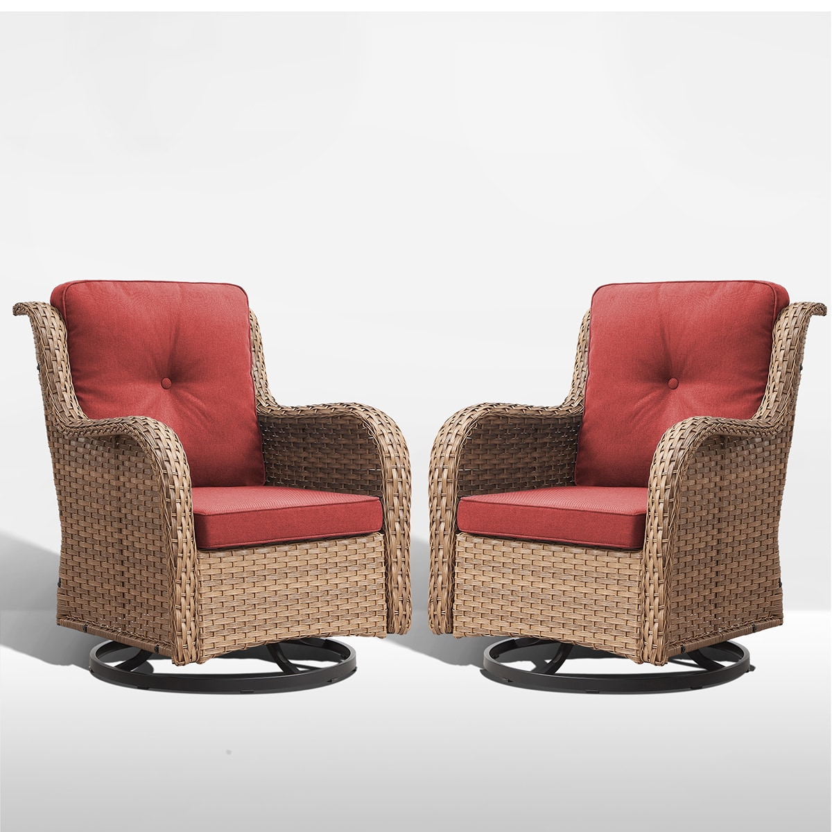 Rilyson FS110-5 Curved handrail Set of 2 Wicker Yellow Wicker Frame Swivel glider Conversation Chair with Red Red Cushioned Seat