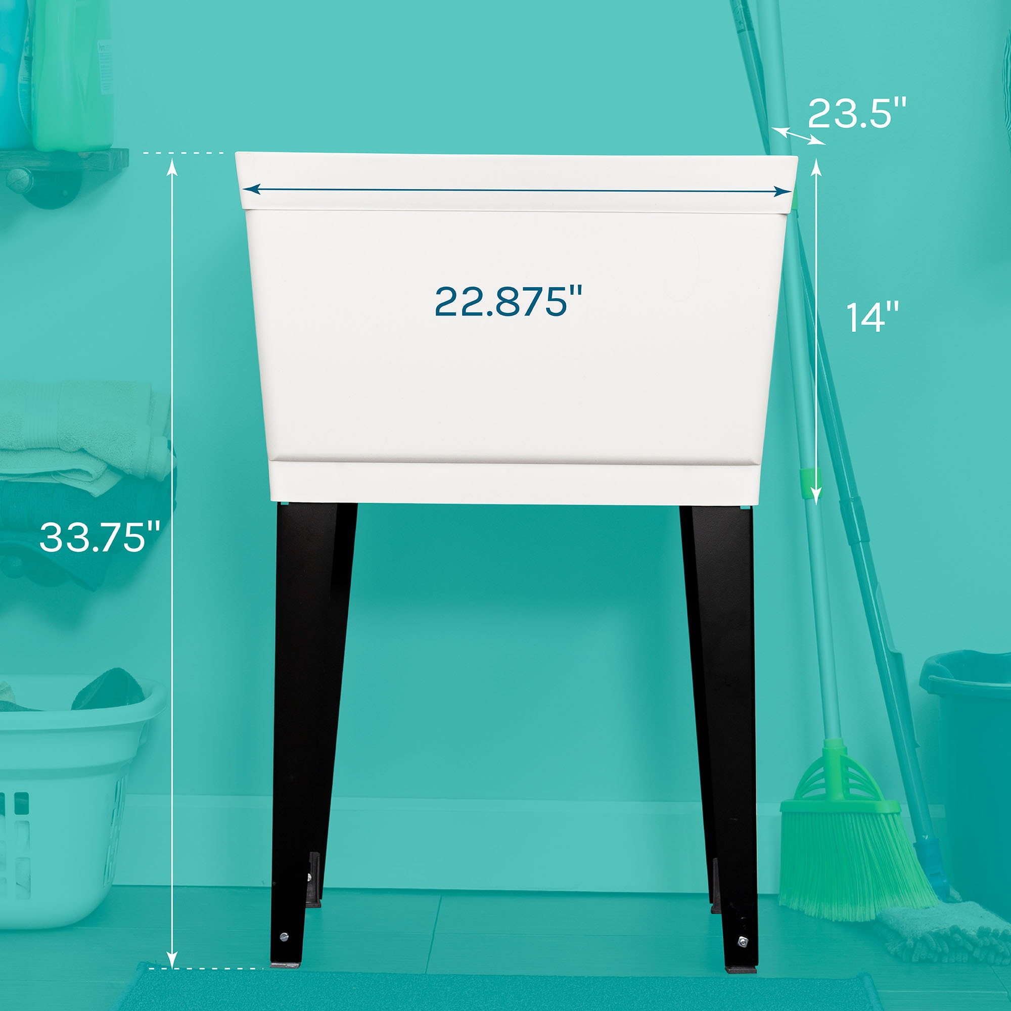 White Freestanding Utility Sink with Black Metal Legs
