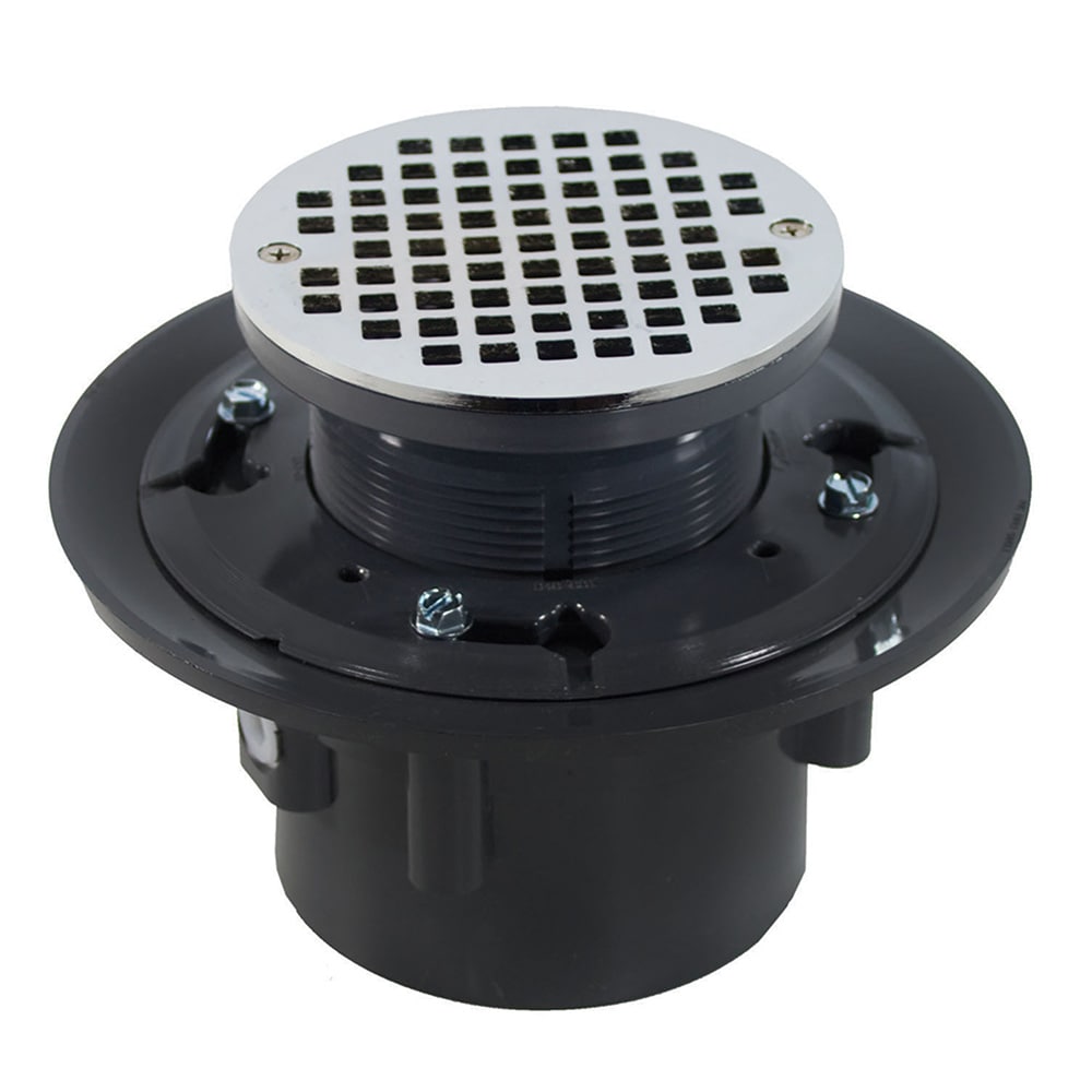 Jones Stephens D49047 2 inch x 3 inch Heavy Duty PVC Floor Drain Base with 3-1/2 inch Plastic Spud, 8-1/2 inch Pan and 6 inch Chrome Plated Round Strainer