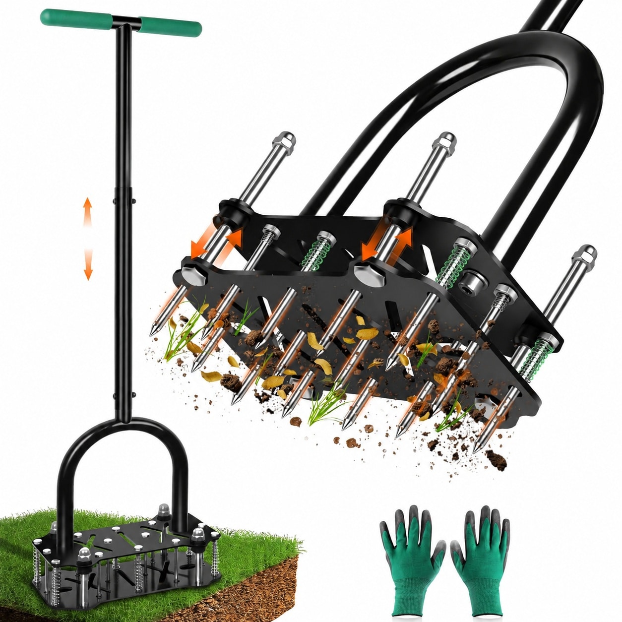 KHKFY  Adjustable Lawn Aerator Tool with Rebound Spring and 16 Sharp Metal Spikes Ergonomic T-Handle and Wide Foot Plate Heavy Duty Yard Lawn