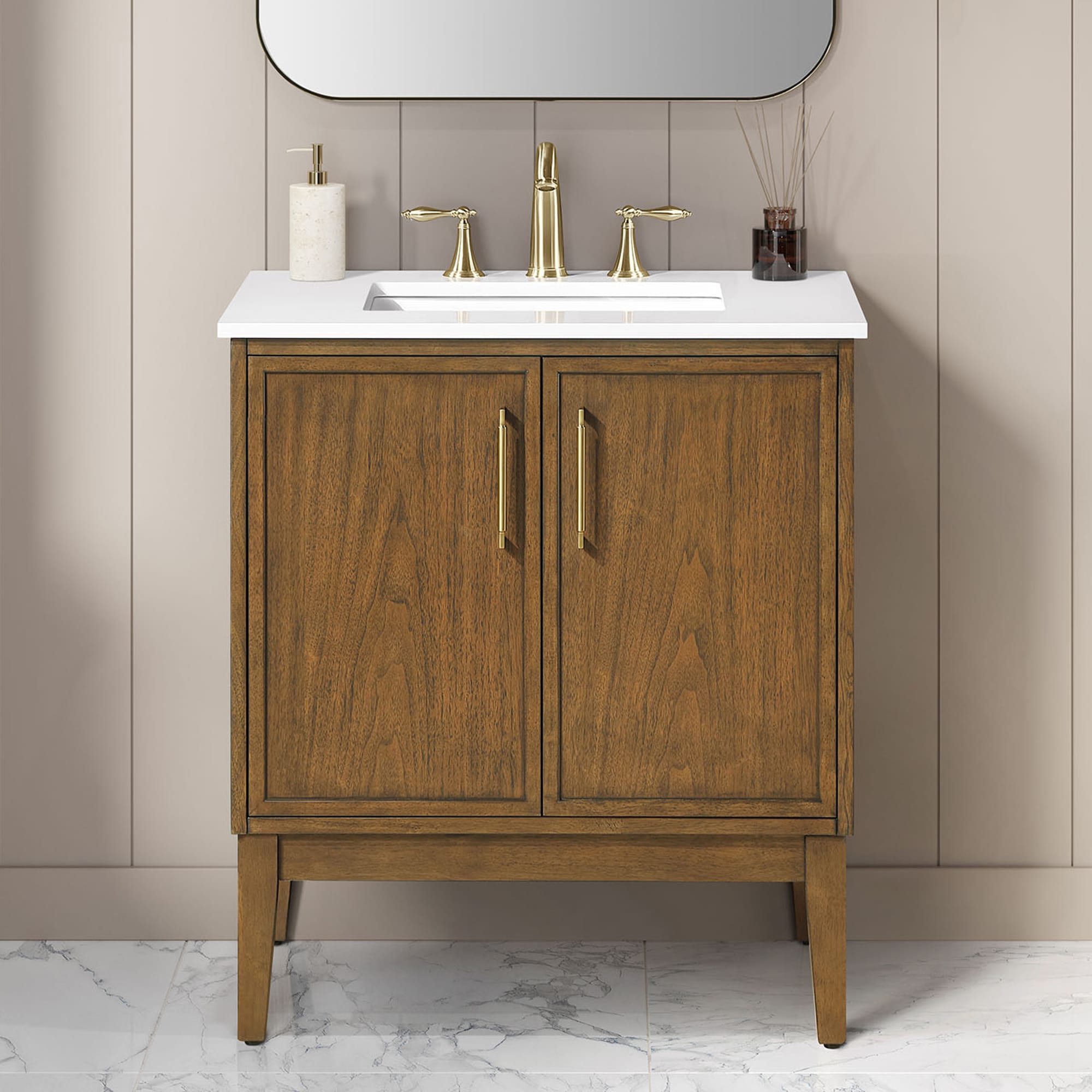 OVE Decors 15VVA-KIRA30-181 Kira 30-in Warm Walnut Undermount Single Sink Bathroom Vanity with White Engineered Marble Top