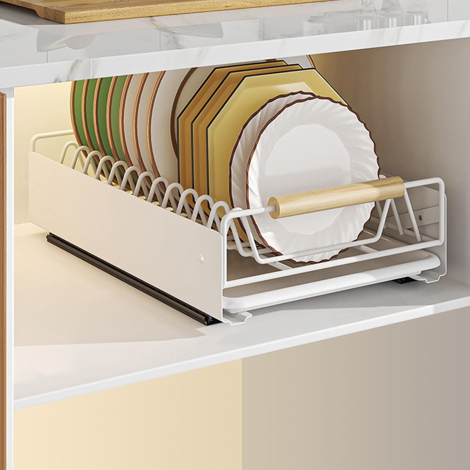 Qeetex MIE-FQZDN-OIV0SN3K Pull Out Cabinet Dish Rack  Slide Out Dish Drying Rack with Drainboard  Sliding Kitchen Cabinet Dish Rack with Adhesive Nano Film Fixed  Space Saving Plate Rack Bowl Holder  Plate Rack