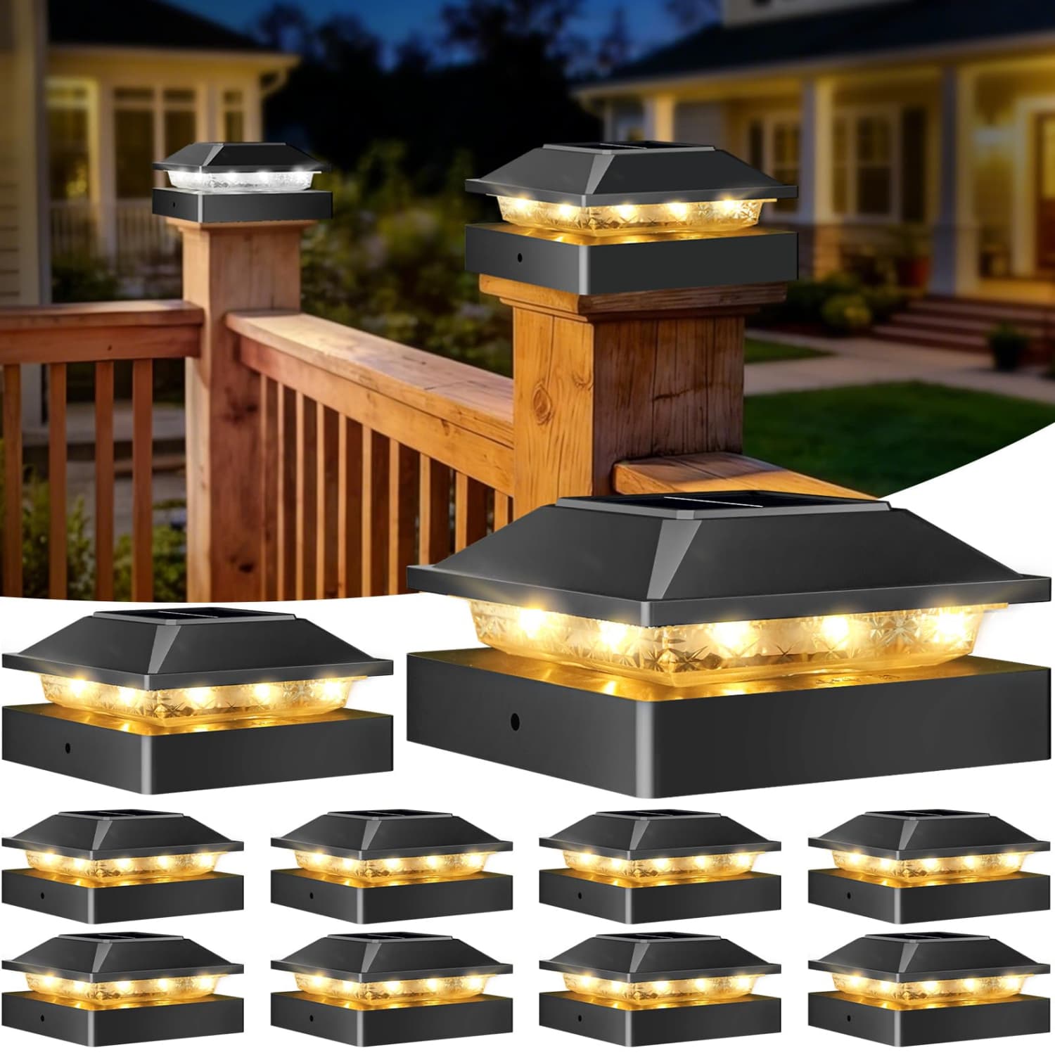 Angel Sar 4in W x 4in D 16-LED 2-Mode Black Solar Post Cap Light 10-Pack