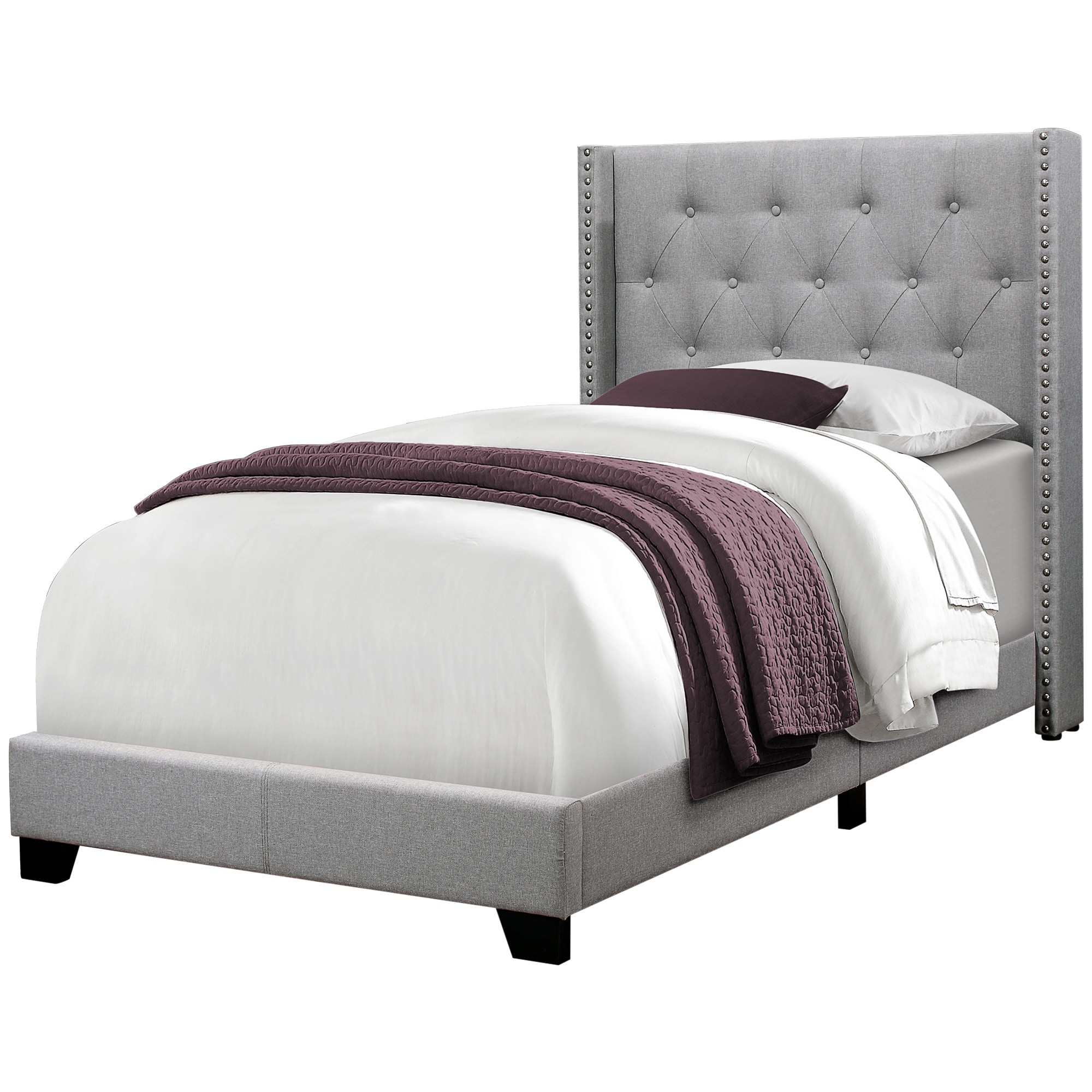 Monarch Specialties Grey Upholstered Twin Bed Frame with Wing Back ...