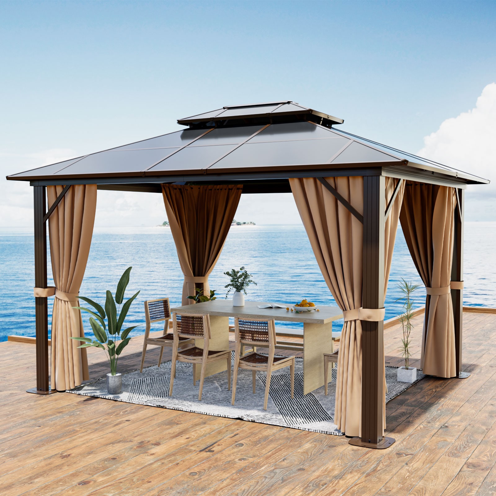 AOXUN G30036BR 10-ft x 12-ft Brown Rectangle Gazebo with Hardtop Roof (Screen Included)