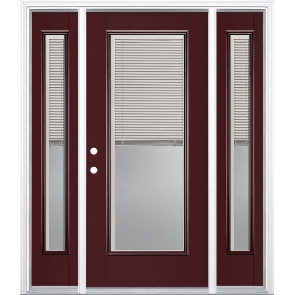 Masonite 1218649 60-in x 80-in x 4-9/16-in Fiberglass Full lite Right-hand inswing Currant Painted Prehung Front Door with Sidelights with Brickmould Insulating core with Blinds
