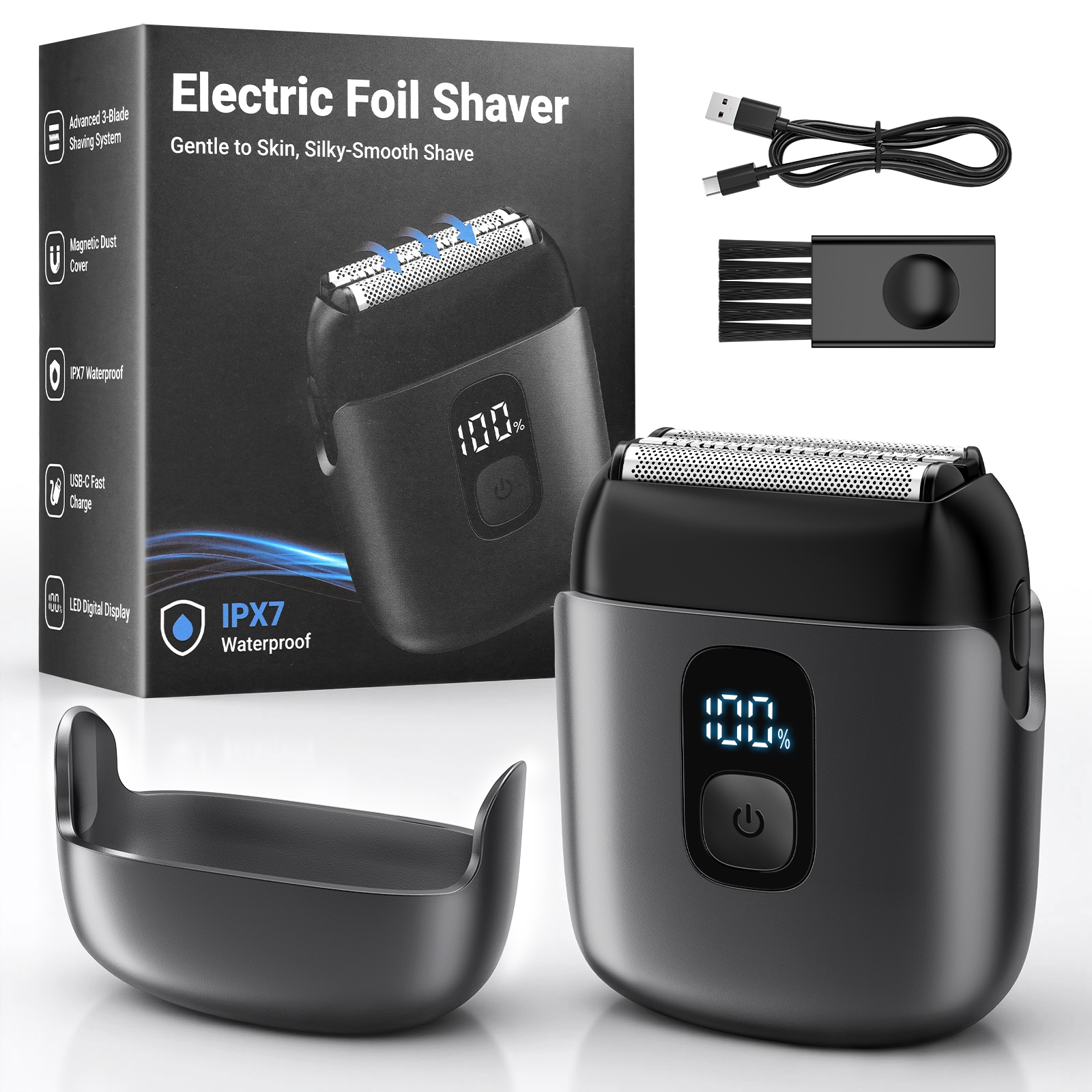 ToLife Portable Electric Shaver for Men Compact USB Rechargeable Foil Razor LED Battery Display 700mAh Long Lasting Battery 90 Mins Shaving Runtime 1.5 Hour Fast Charging Grey