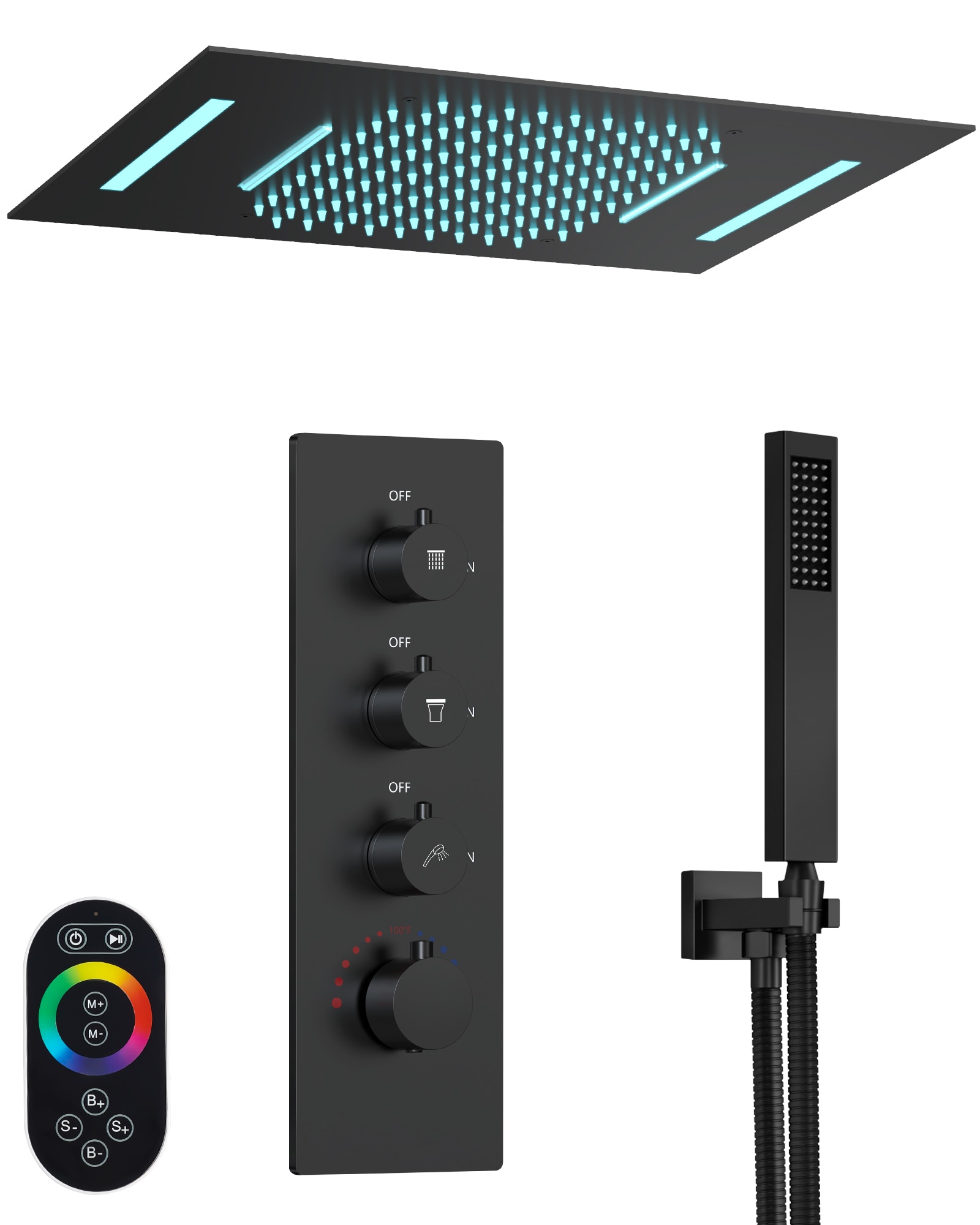 GRANDJOY SGF10GJ-24-BL23 LED Matte Black 22.9-in Waterfall Built-In Shower Faucet System with 2-way Diverter ( Thermostatic Valve Included )