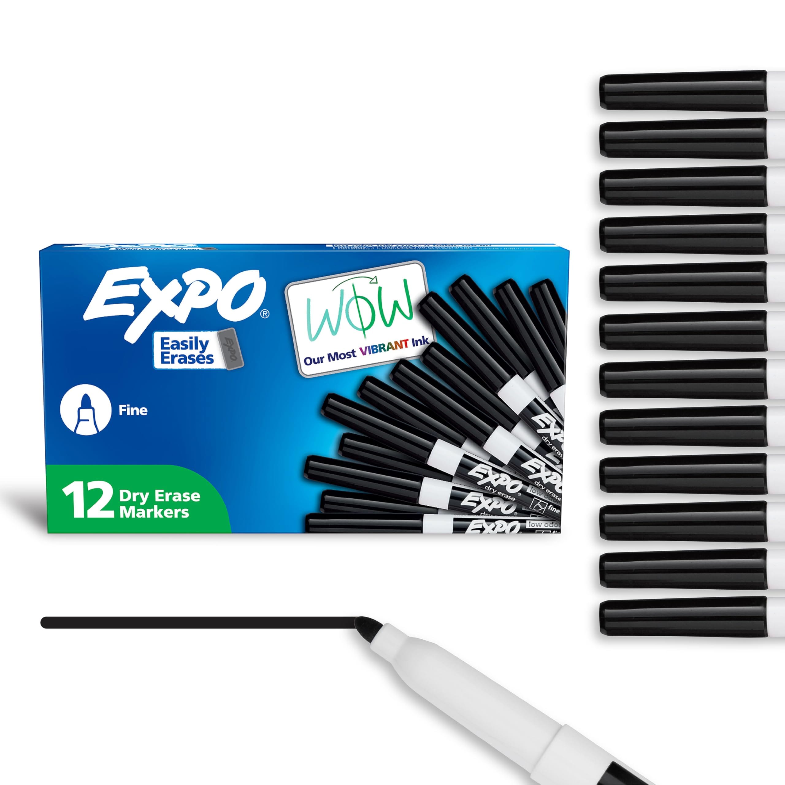 Expo  Dry Erase Markers Low Odor Ink Black Fine Tip 12 Count - Whiteboard Calendar Organization Essential Supplies for Office School Classroom Teachers