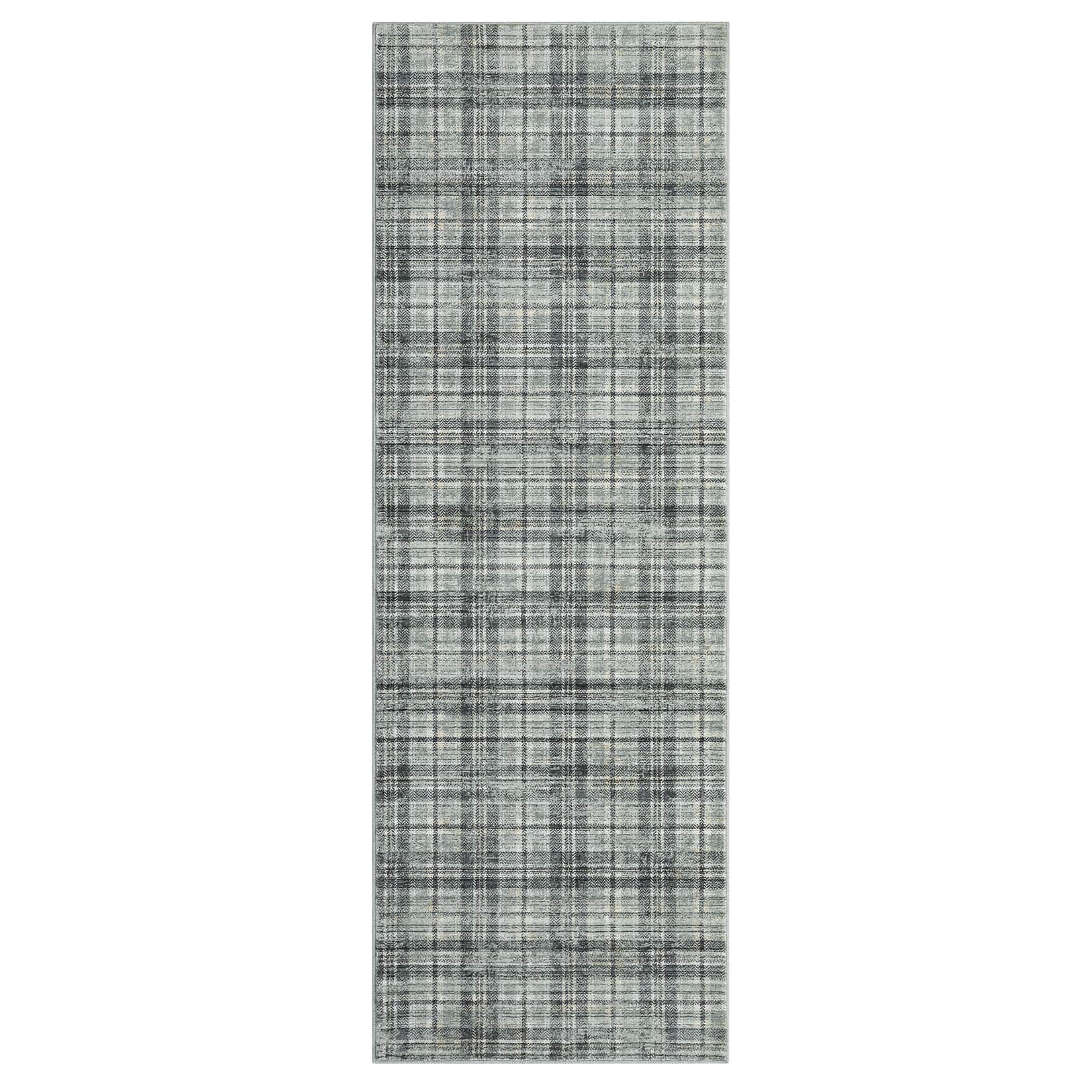 Qeetex SUNNY-PHO-13CGPNAD 2 x 8 ft Polyester Green Rectangular Laundry Bathroom Kitchen Geometric Lattice Print Modern Machine Washable Runner Rug