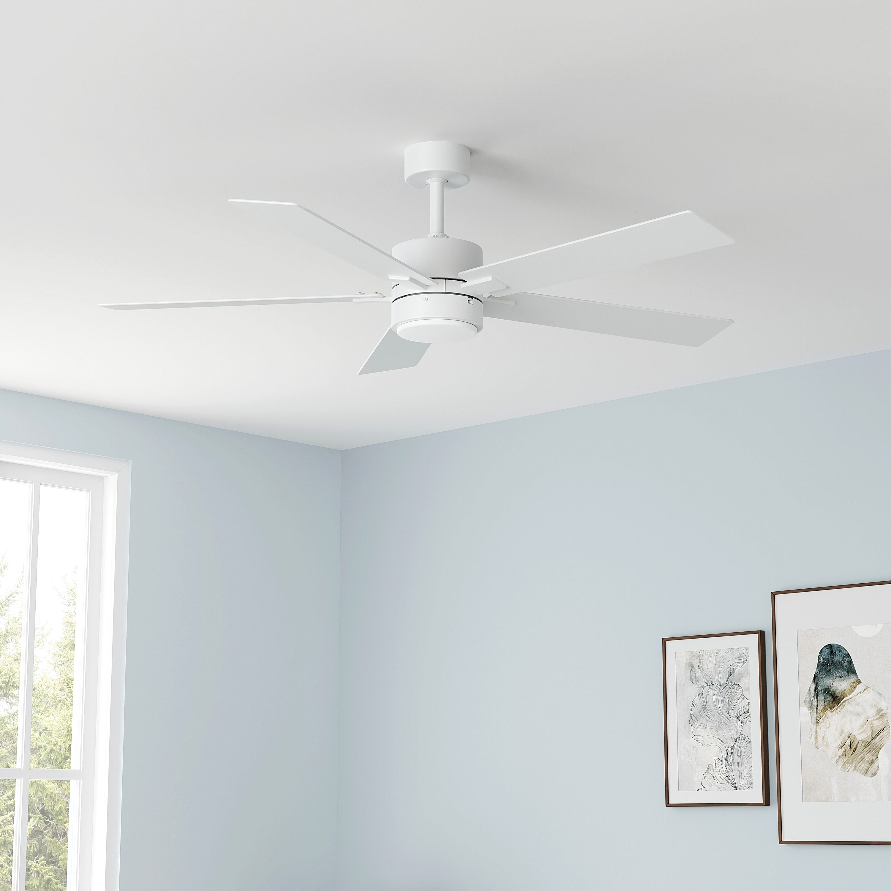 Harbor Breeze POR52MW5LR Portlin 52-in Color-Changing Matte White with Matte White/Washed Oak Blades Ceiling Fan With Light - Remote Included ( 5 -Blade )