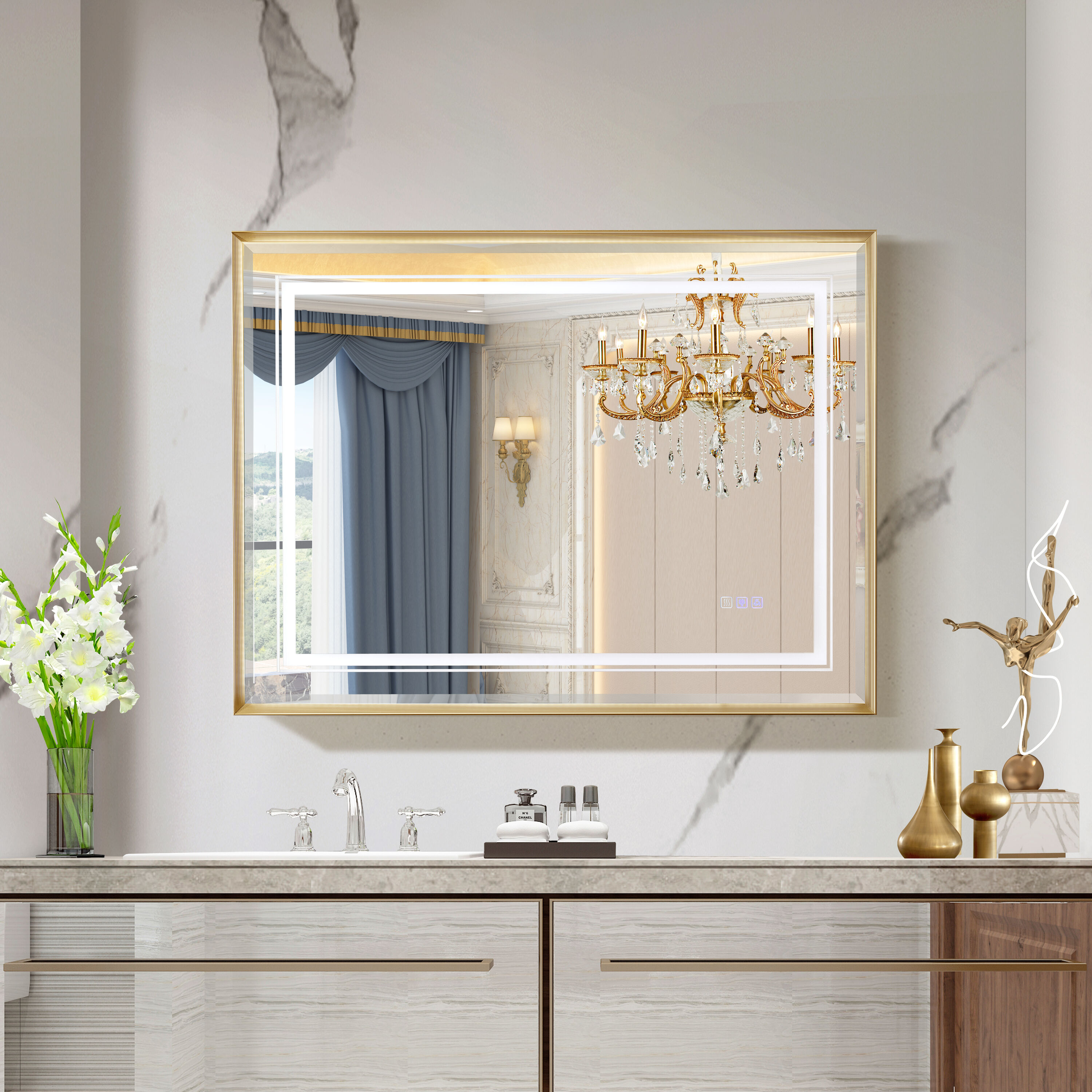 Forclover WBSG-127890 40-in x 30-in Framed Rectangle Dimmable LED Lighted Fog Free Bathroom Vanity Mirror ( Gold )