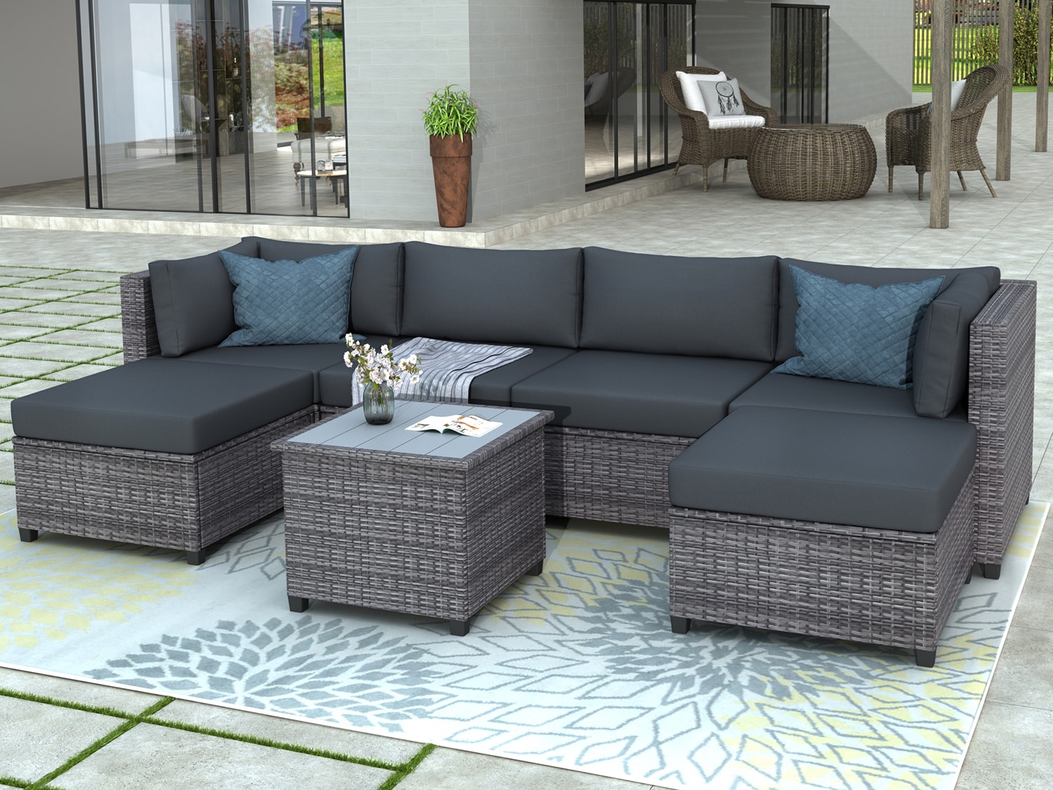 Bybafun Rattan Outdoor Sectional with Gray Cushion(S) and Rattan Frame ...