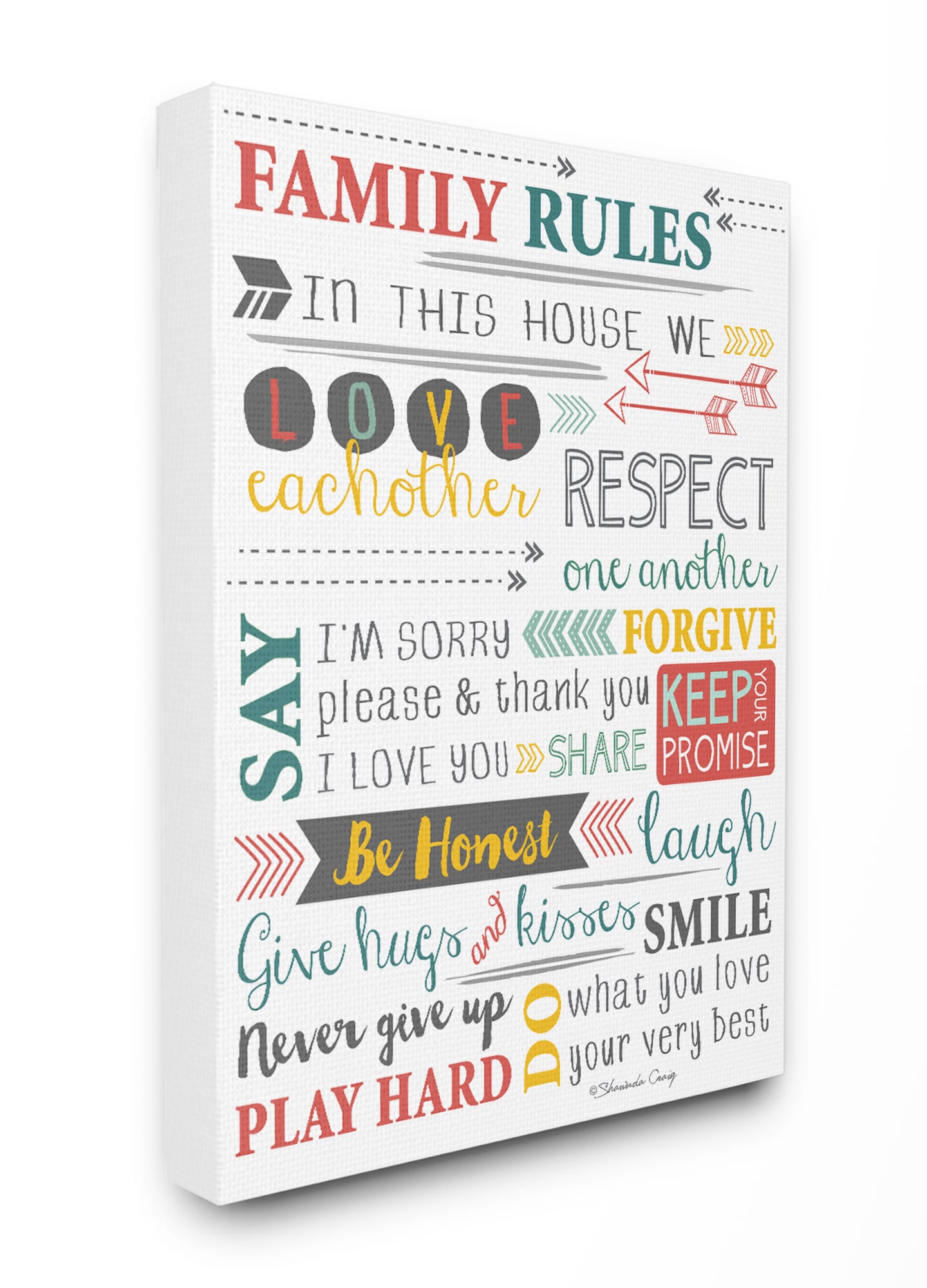 Stupell Industries FWP-166-CN-24X30 Family Rules Arrows Inspirational Typography Shawanda Craig 30-in H x 24-in W Inspirational Print on Canvas