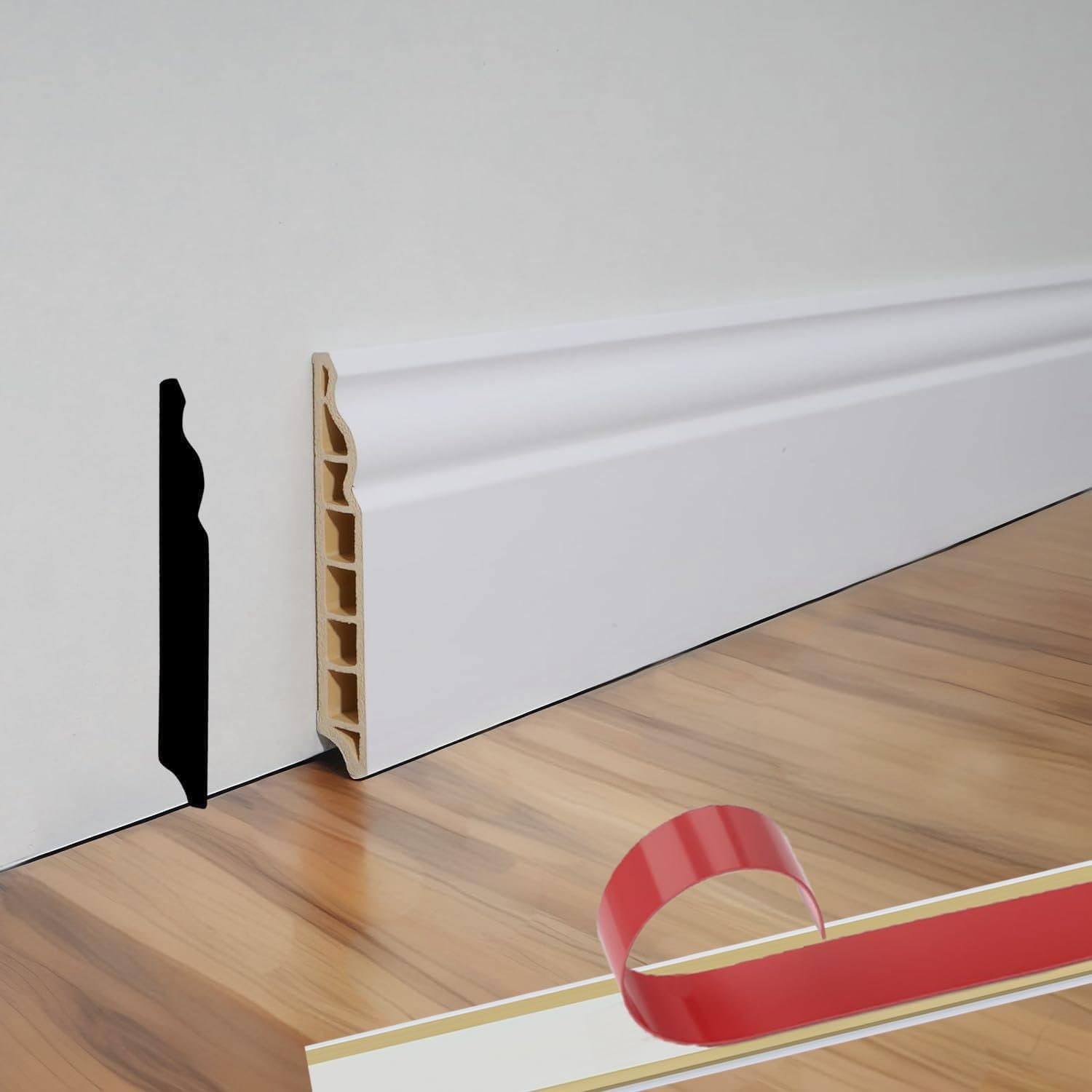Anqtovp  8 Pack 48 in x 2.76 in White Polystyrene Baseboard Trim Waterproof Wall Molding for Kitchens Bathrooms Offices Covers 32 ft Peel Stick