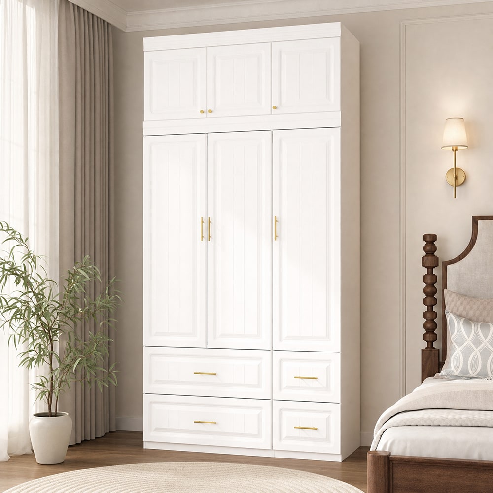 Homsee - WIAWG Modern 6 Door Armoire Closet with 4 Drawers 1 Hanging Rod 3 Shelves and Overhead 4...