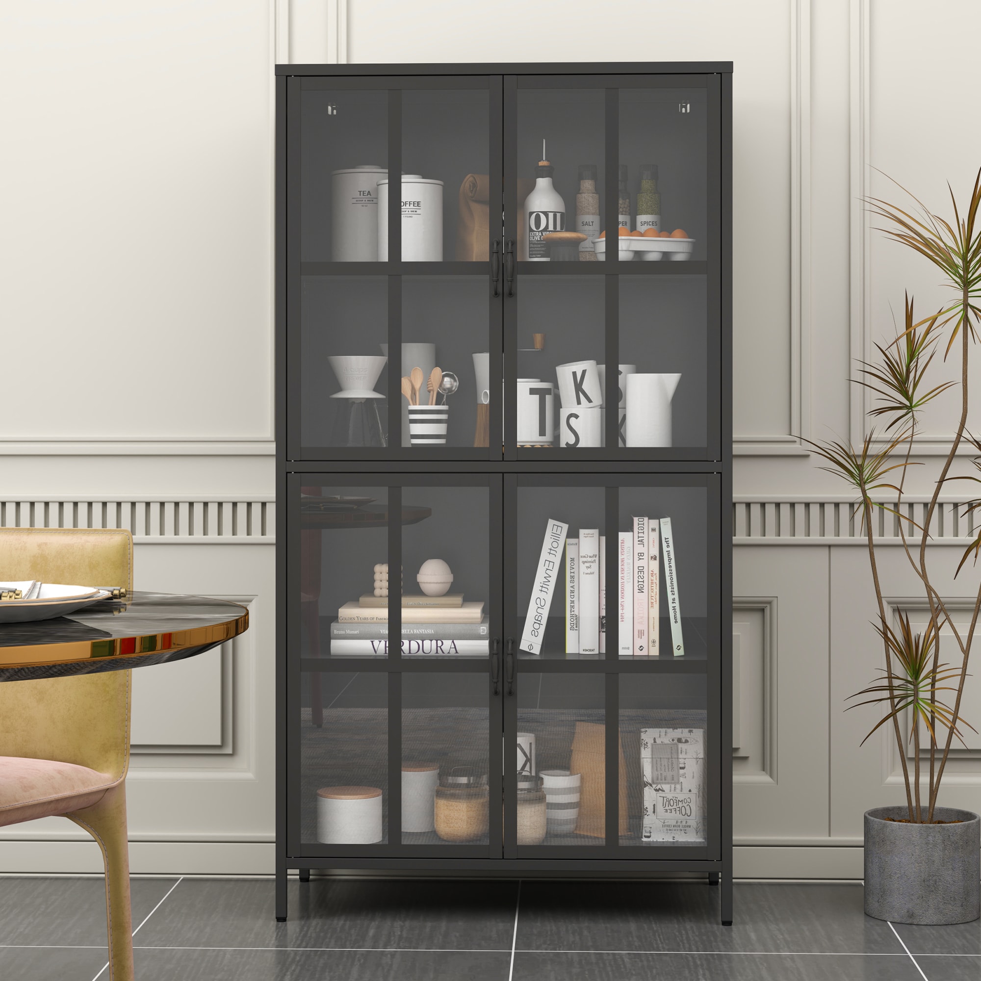 LUXEYARD Premium Black Metal Storage Cabinet with Tempered Glass Doors Adjustable Shelves Anti-Tipping Device Magnetic Silent Closure and Adjustable Feet for Home and Office Use