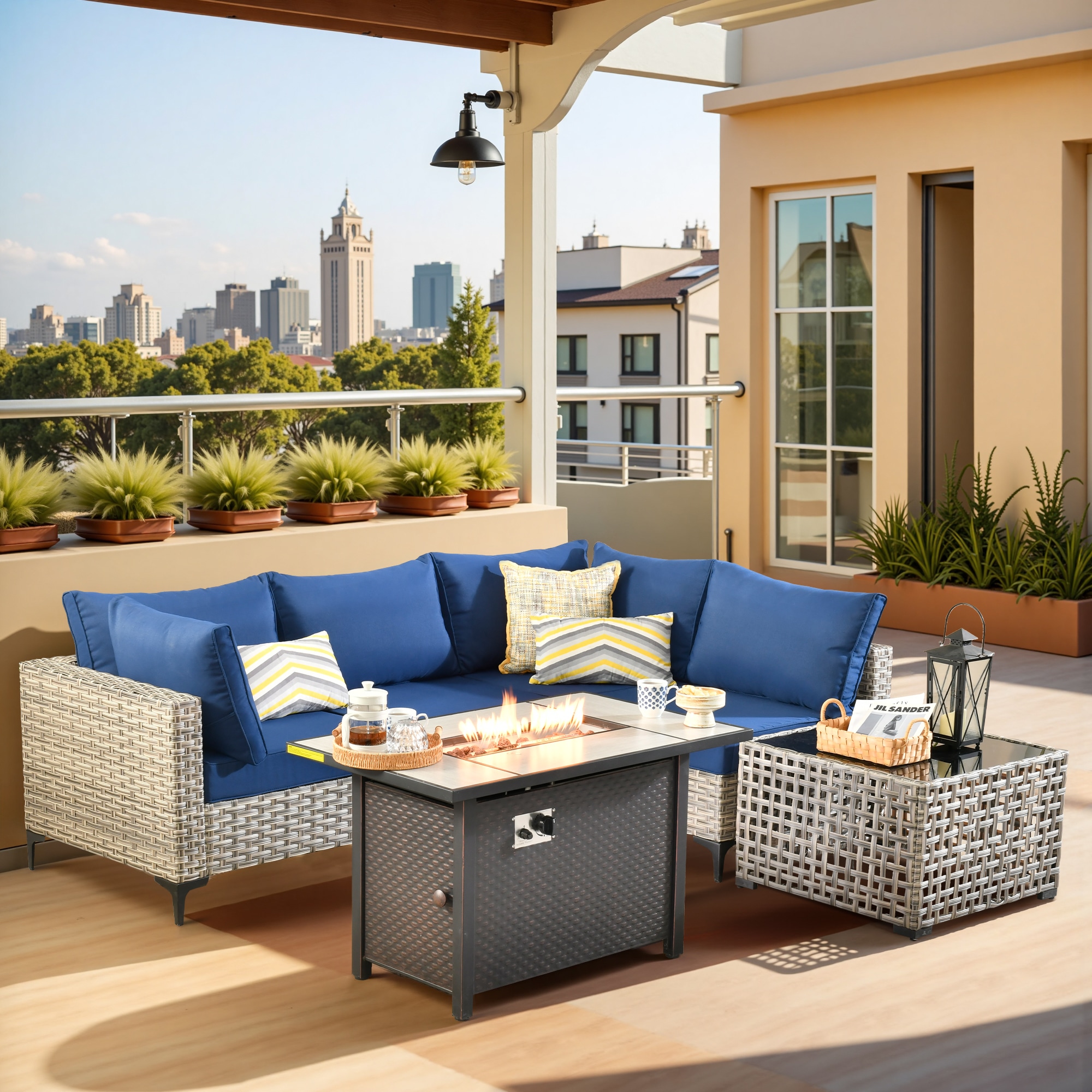 Pouuin CFPSKT705 Wicker Outdoor Sectional with Navy Cushions and Wicker Frame