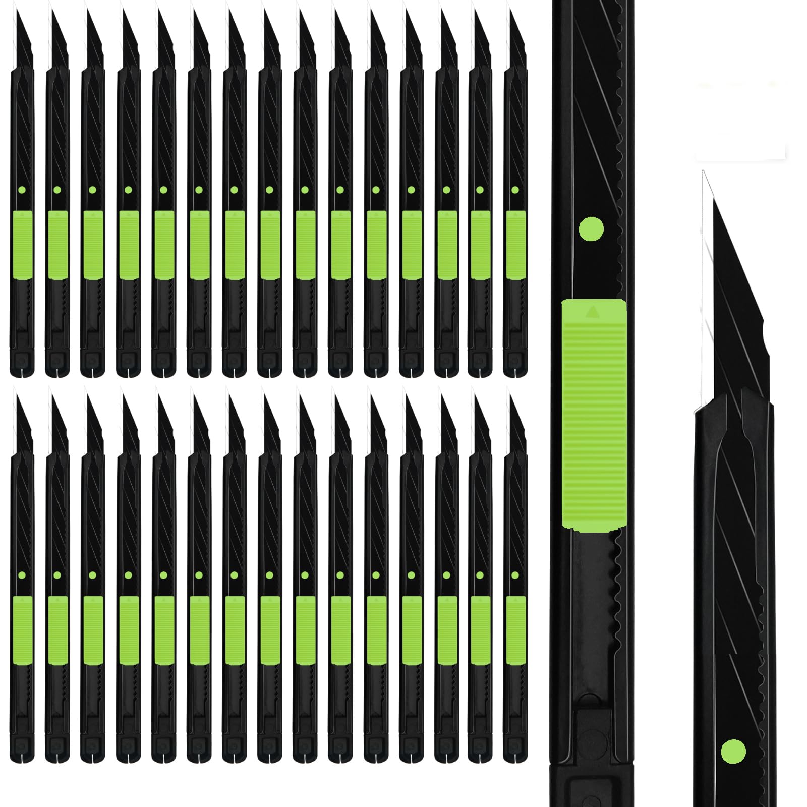 LAIFUCAM  30pcs Green 9mm Snap off Knives with Safety Auto lock Metal Handle Black Blade Lightweight Portable Retractable Cutter for office school