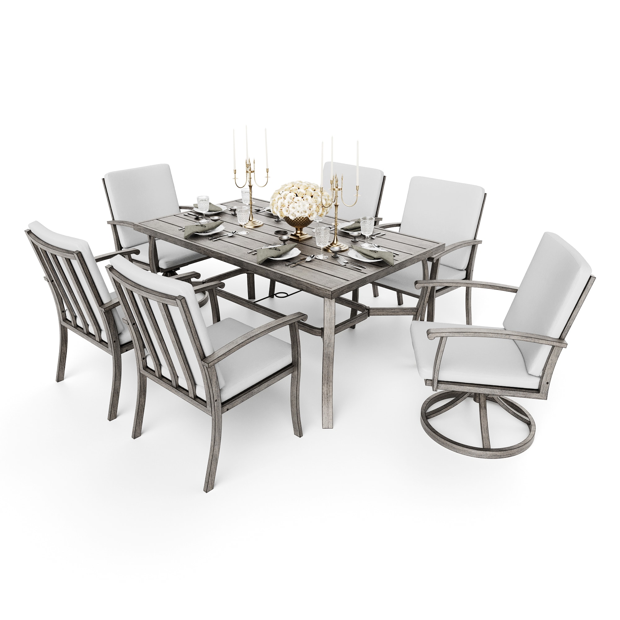  EL-CZ7-GM-A3-WL3 Aries 7 -Piece Gray Patio Dining Set Aluminum Rectangle Table with 6 Gray Cushions Swivel Chairs