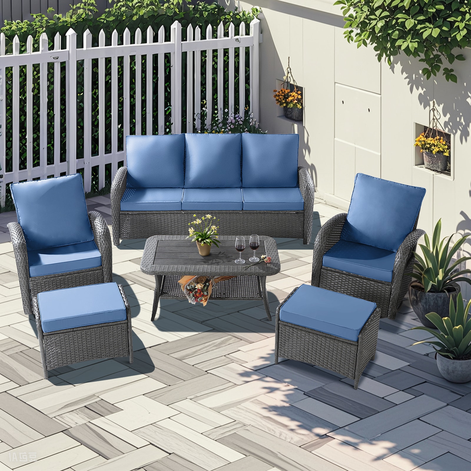 NOBLEMOOD LS-2031BU Patio Conversation Sets 6 -Piece Rattan Patio Sofa Conversation Set with Blue Cushions