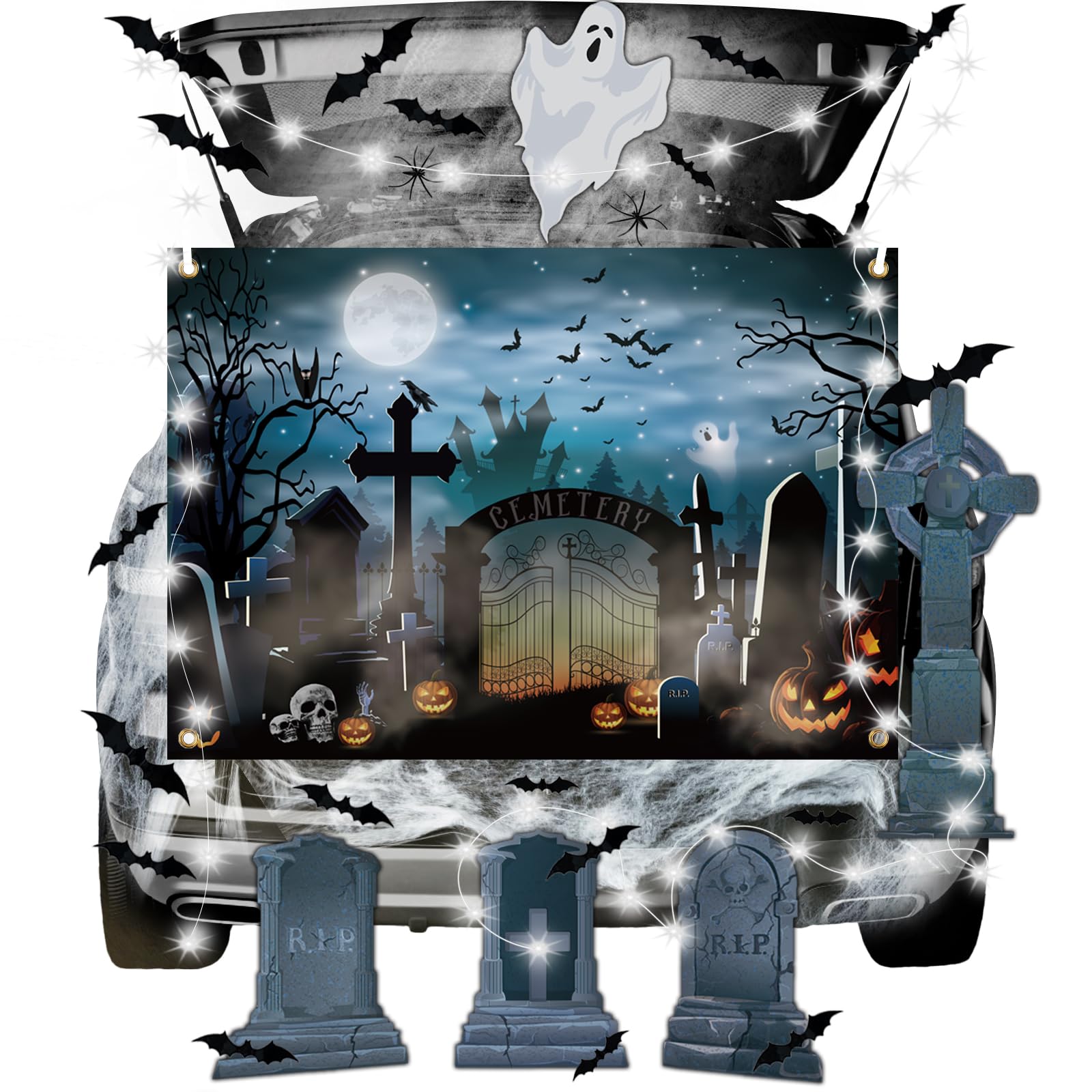 Phewnyzo  Halloween Trunk or Treat Car Decorations Kit with Tombstones Ghosts Graveyard Banner Led Lights Bats Spider Webs for Suv Entryway