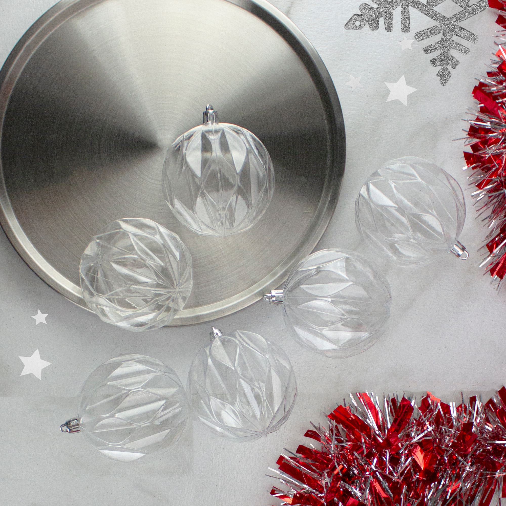 Package of 12 clear plastic ornament balls - 70mm 