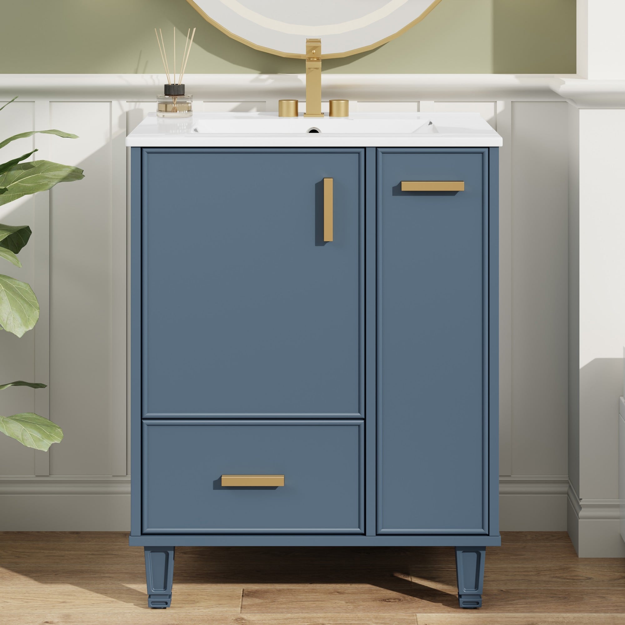 Dexmalle N759P269734E 24-in Blue Modern Freestanding Single Sink Bathroom Vanity With White Top and Deep Drawers