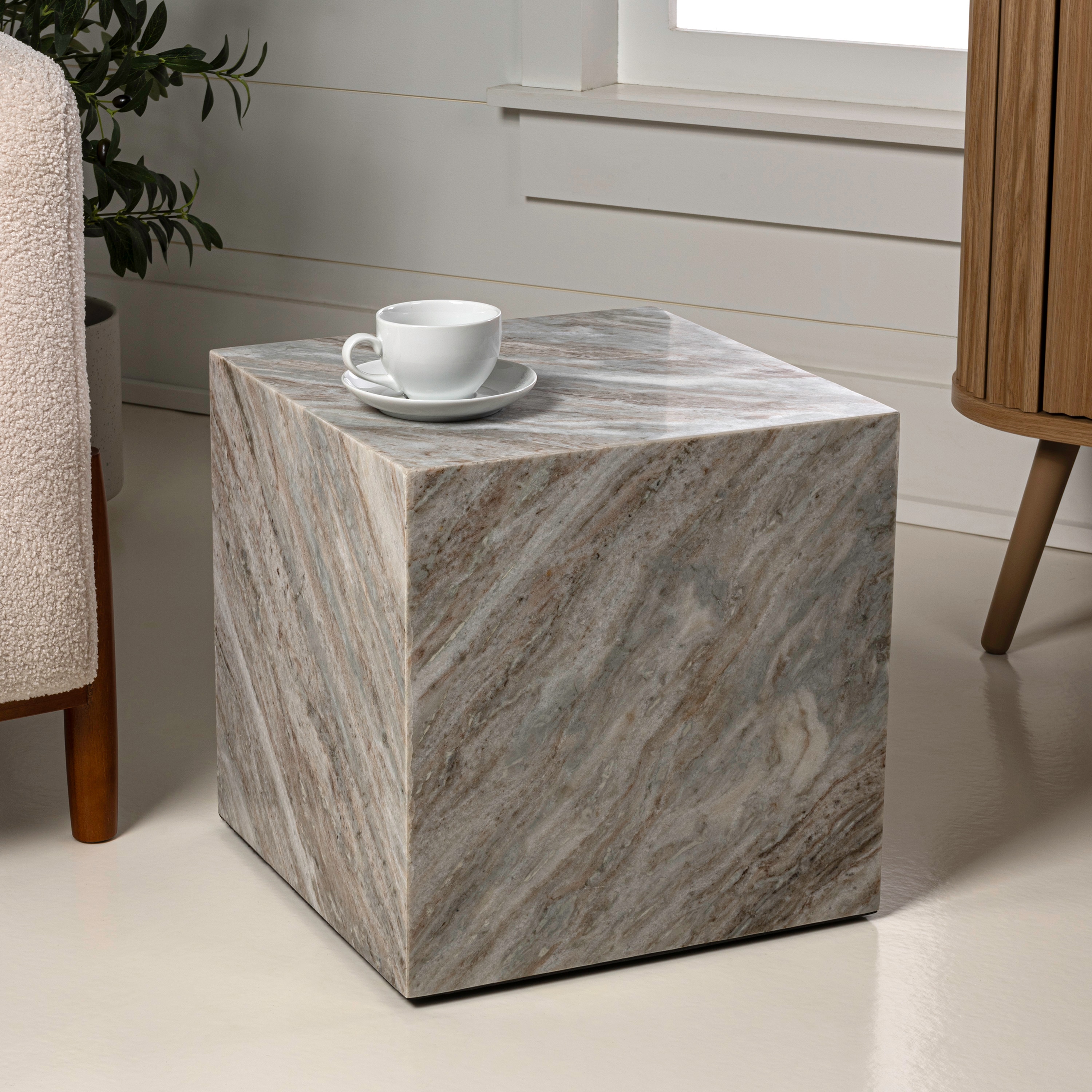 JONATHAN  Y MTB1101A Felix Cube Minimalist Handmade Natural Stone 15-in W x 15-in H Gray/Beige Granite/Marble Square Casual End Table