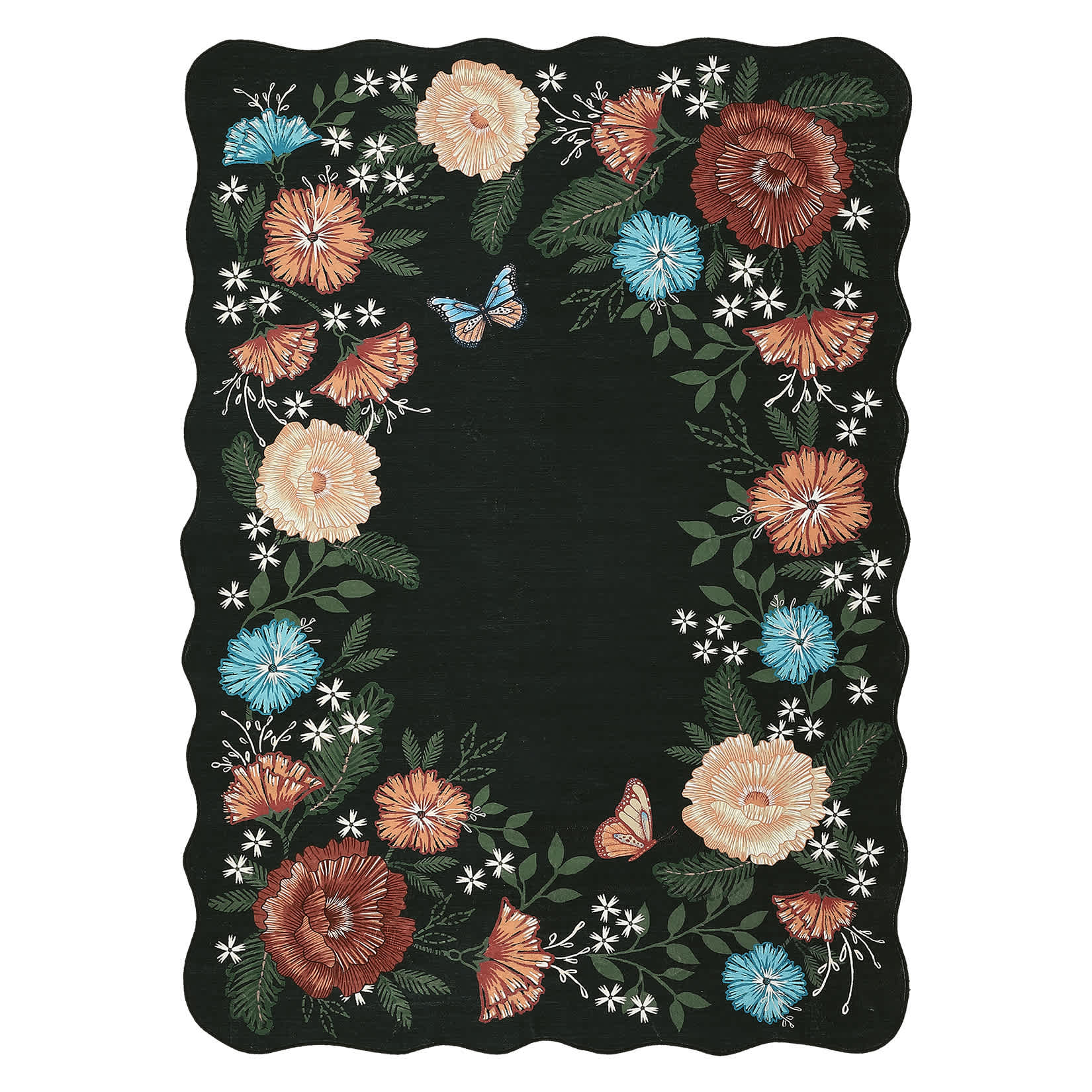 Qeetex SUNNY-PHK-339UHPAC 10 x 13 ft Polyester Black Rectangular Living Room Bedroom Dining Room Botanical Floral Print Modern Machine Washable Area Rug