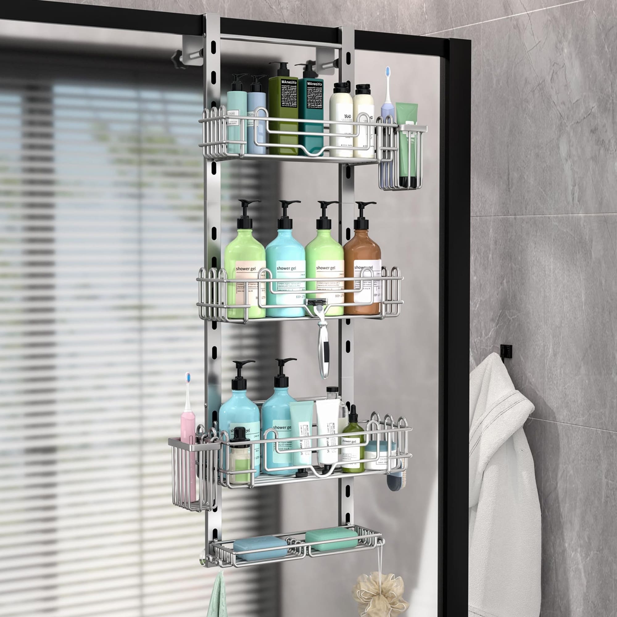 Wudkey Silver Stainless Steel Over Door Shower Caddy with 4 Tier Adjustable Shelves Hooks and Toothbrush Holders Bathroom Organizer