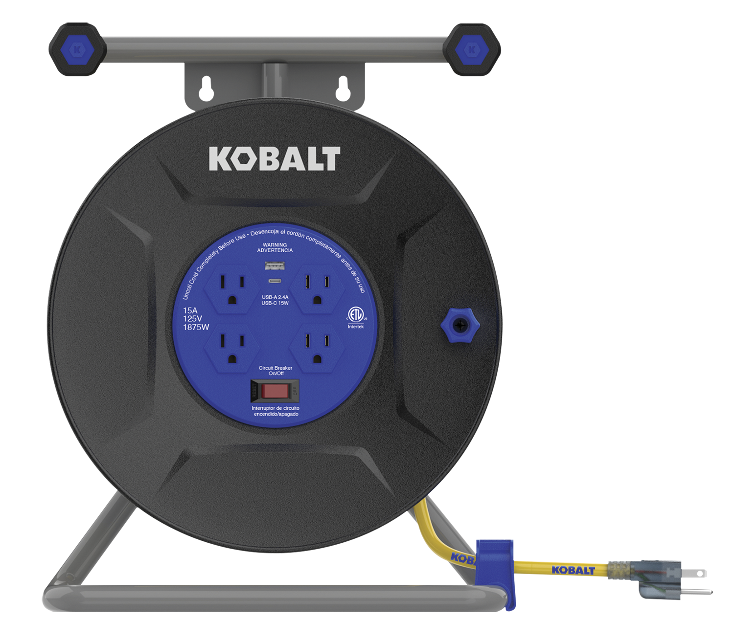 Kobalt 4-outlet Portable Thermoplastic Power Station Cord Reel W/ 75ft 12/3  Yellow Sjtw Cord with 1 Usb-a and 1 Usb-c in the Extension Cord Accessories  department at
