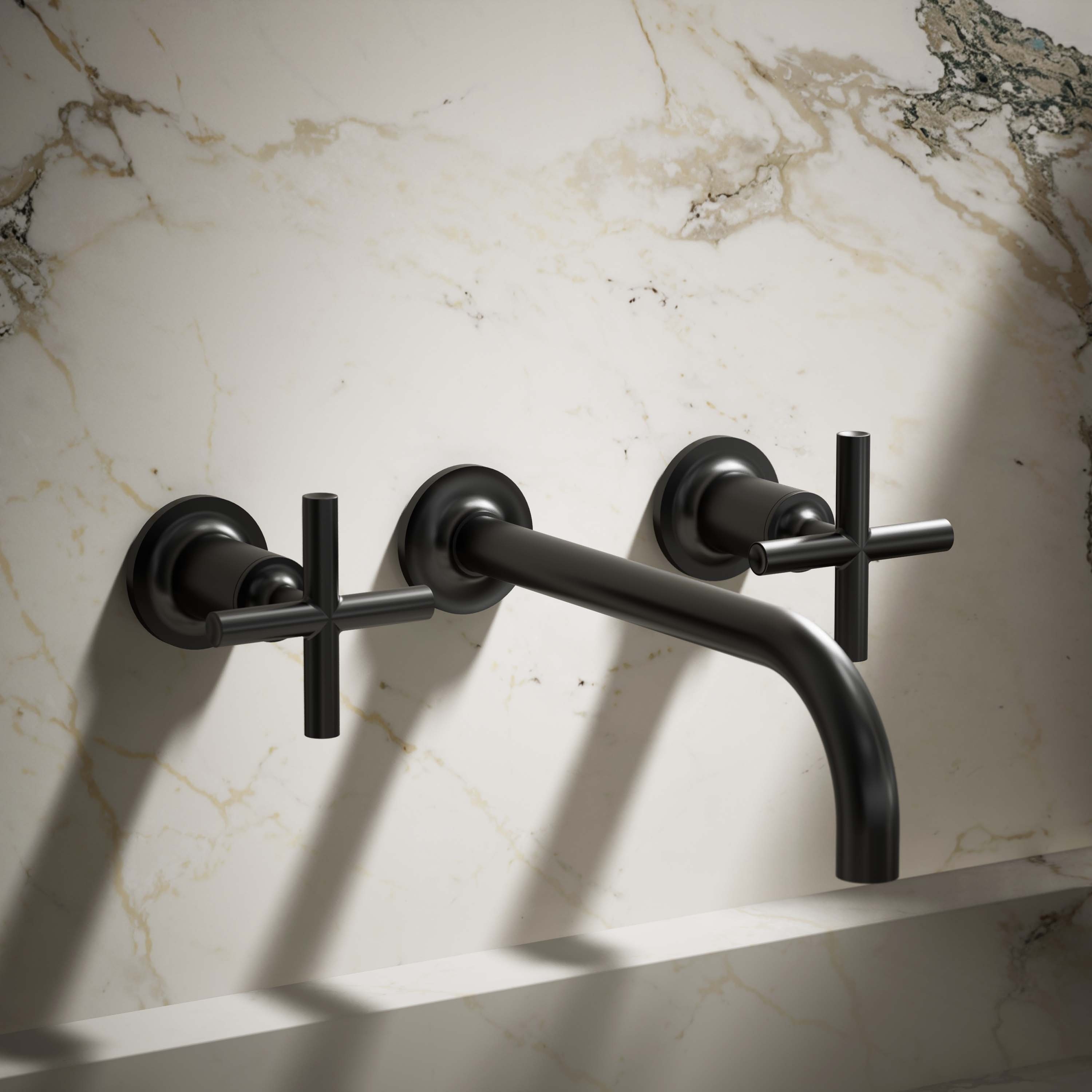 KOHLER K-T14414-3-BL Purist Matte Black Wall-mount 2-handle WaterSense Low-arc Residential Handle Bathroom Sink Faucet
