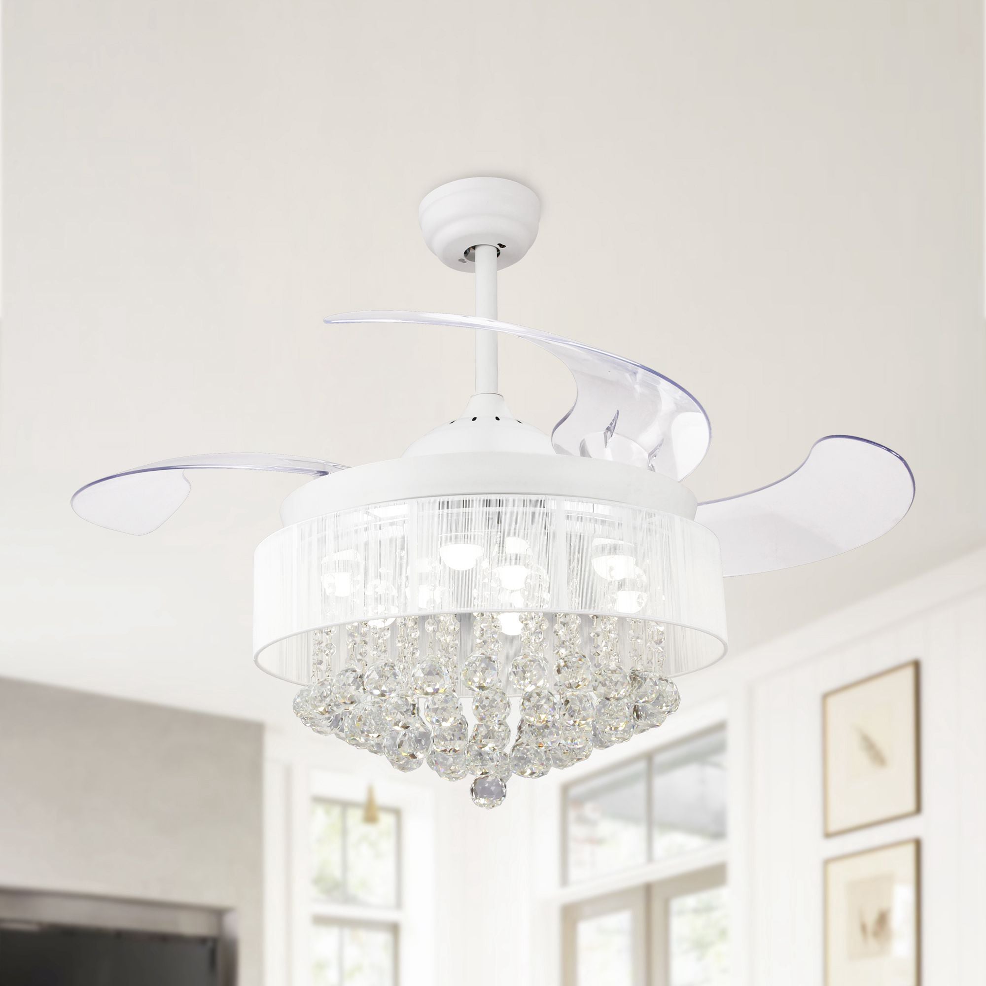 Matrix Decor MDF4601WH110V 46-in White with Clear Blades Integrated LED Fixture Indoor Downrod mount Smart Compatible Standard Ceiling Fan With Light and Remote ( 4 -Blade)
