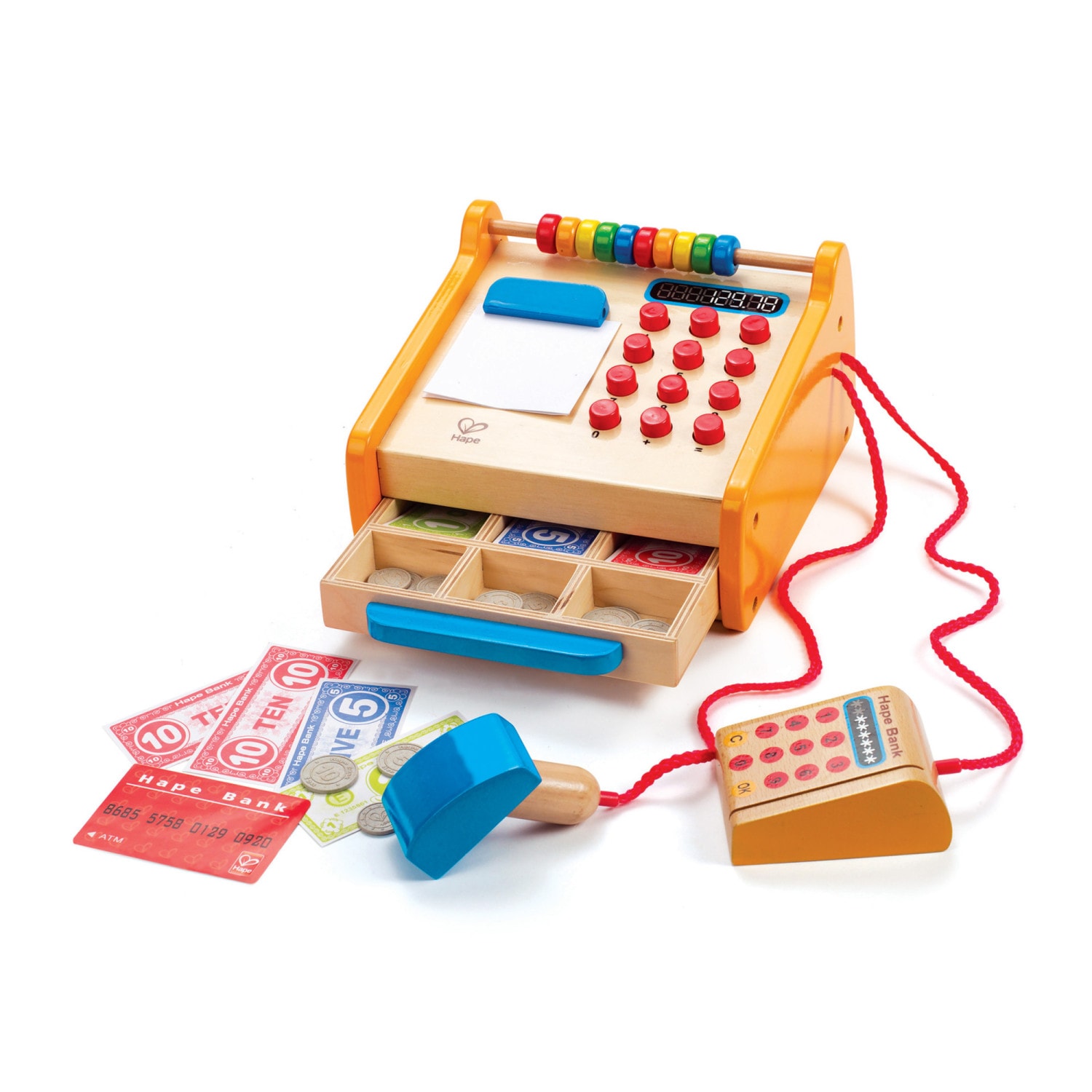 Hape G6943478004467 Wooden Toy Cash Register with Card Reader and Money, Pretend Play Role Set